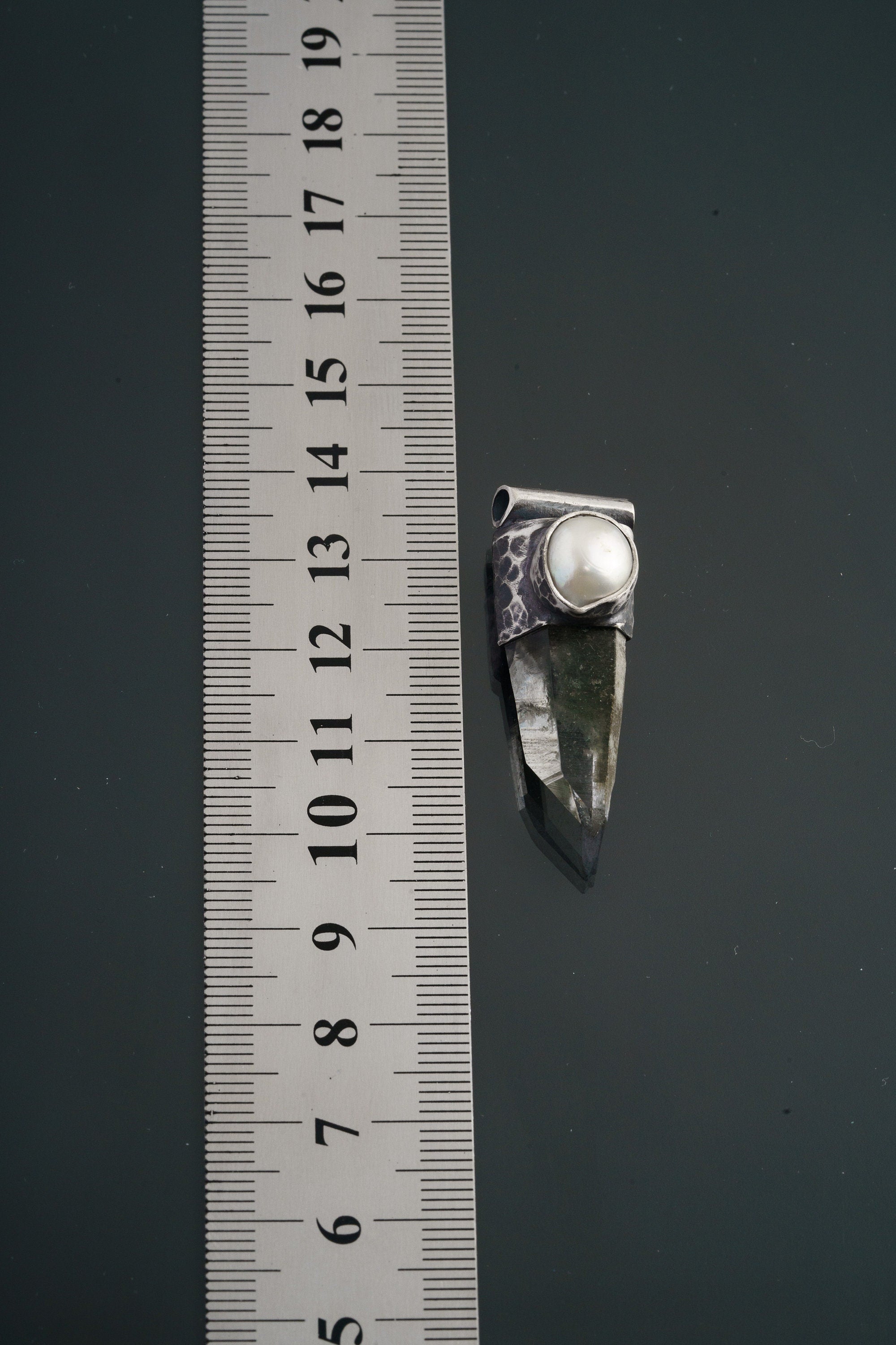 Nepal Inclusion Quartz South Sea Pearl Stack Pendant shown beside a ruler for scale with 2.5 mm tubular bail.