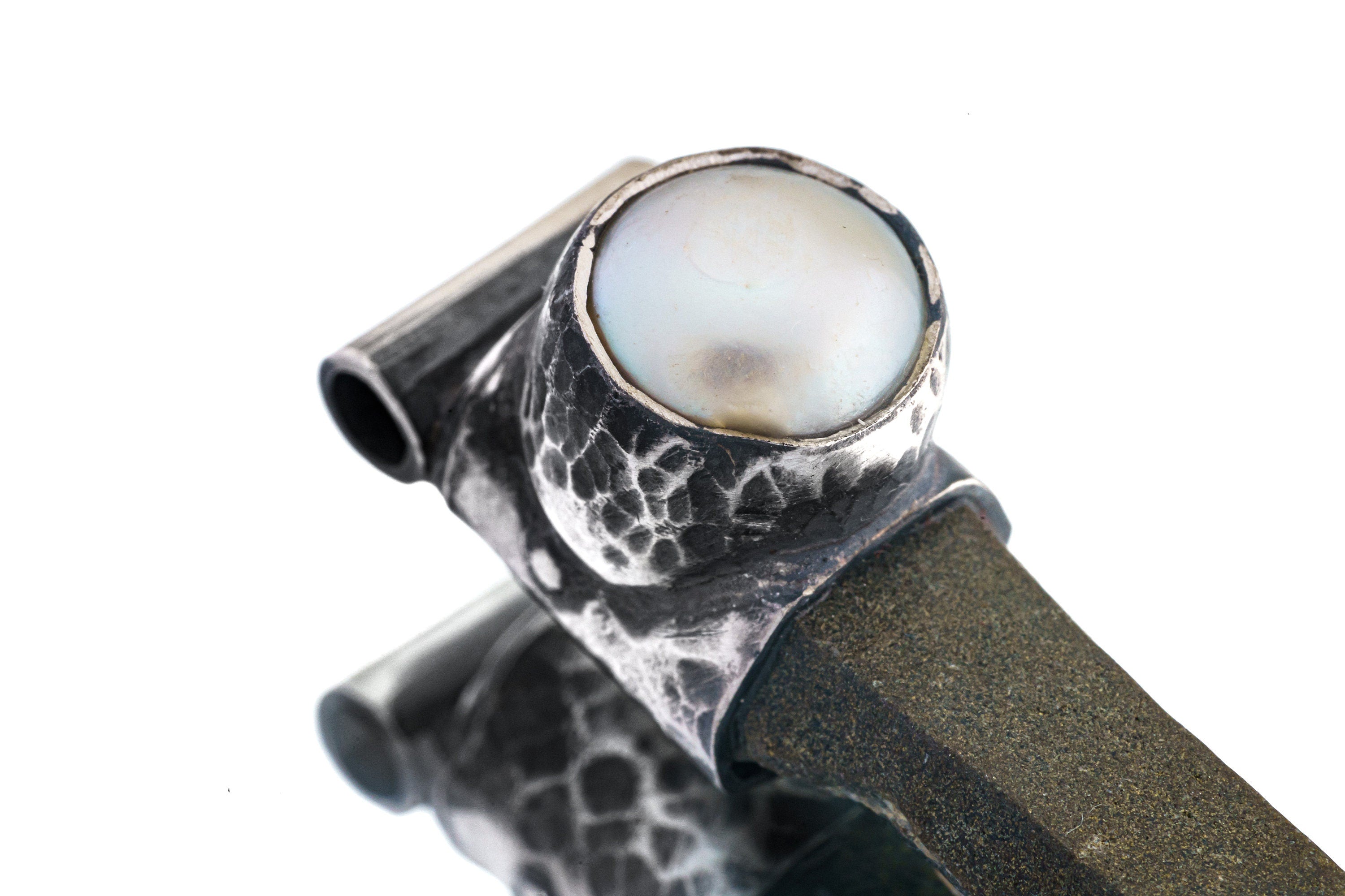 NEPLAE Brown Phantom Laser Chlorite Quartz Point with South Sea Pearl Stack Pendant, Textured & Oxidized Sterling Silver,Unique Gift - NO 10