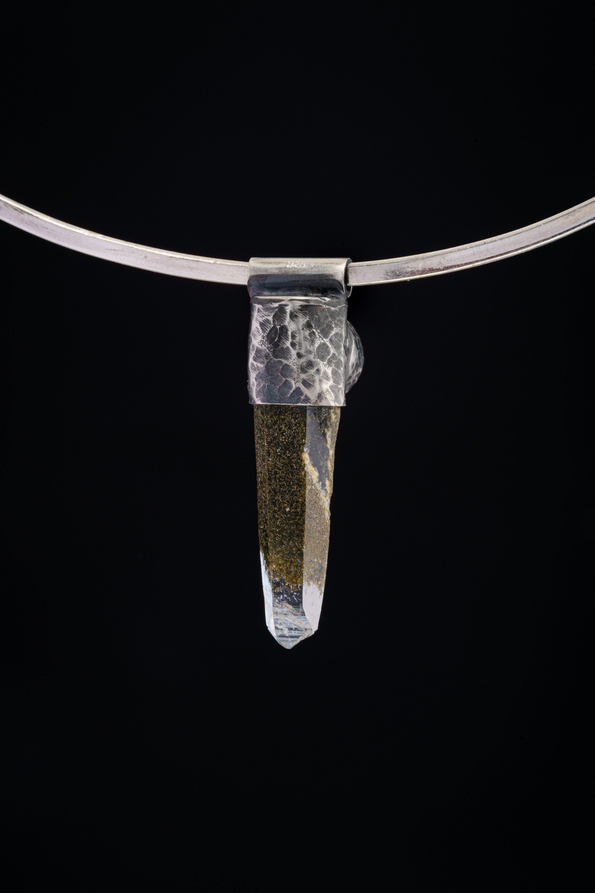 NEPLAE Brown Phantom Laser Chlorite Quartz Point with South Sea Pearl Stack Pendant, Textured & Oxidized Sterling Silver,Unique Gift - NO 10