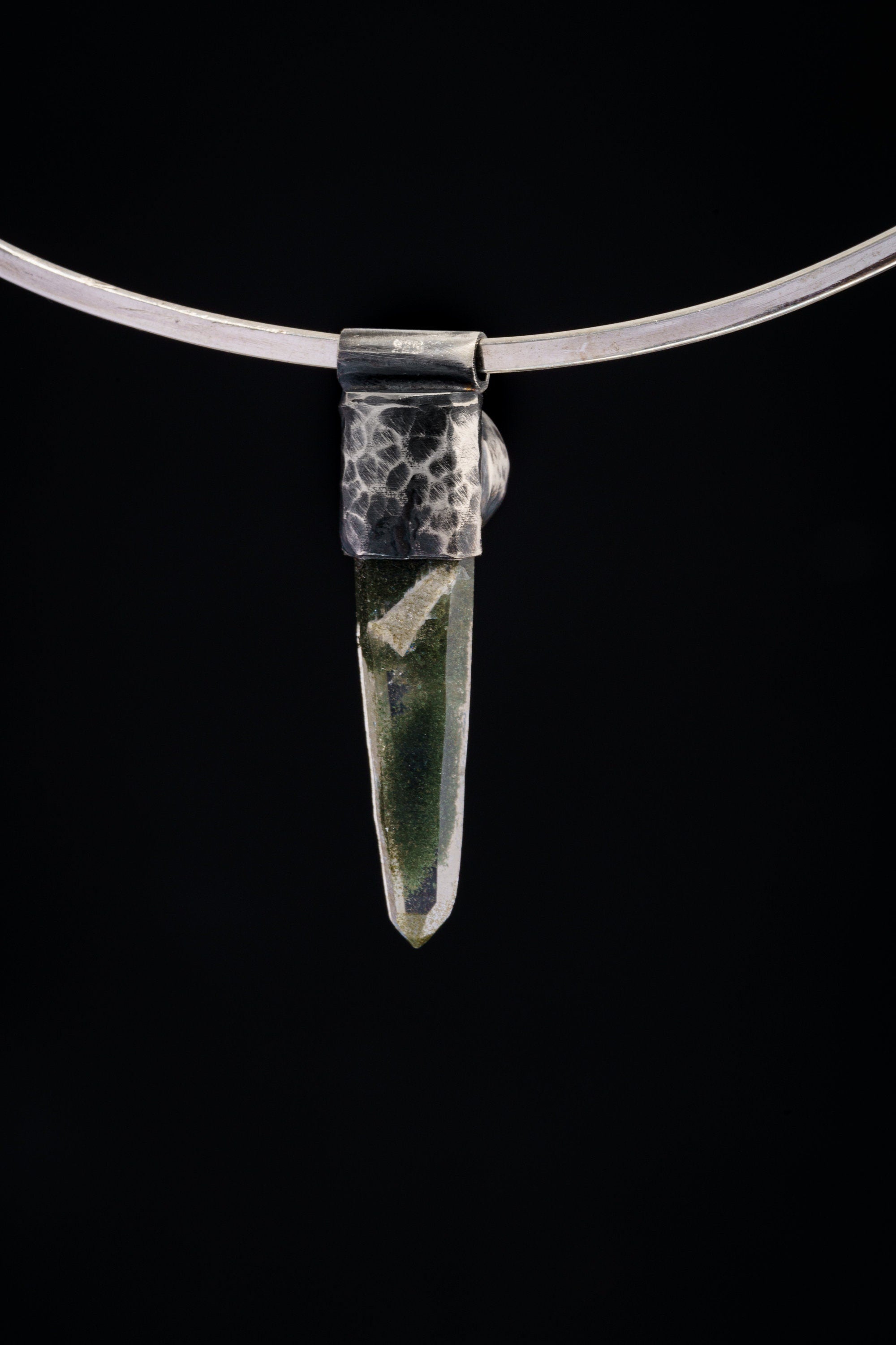 Nepali Green Chlorite Phantom Laser Quartz with a South Sea Pearl - Stack Pendant - Textured & Oxidised 925 Sterling Silver - NO 23