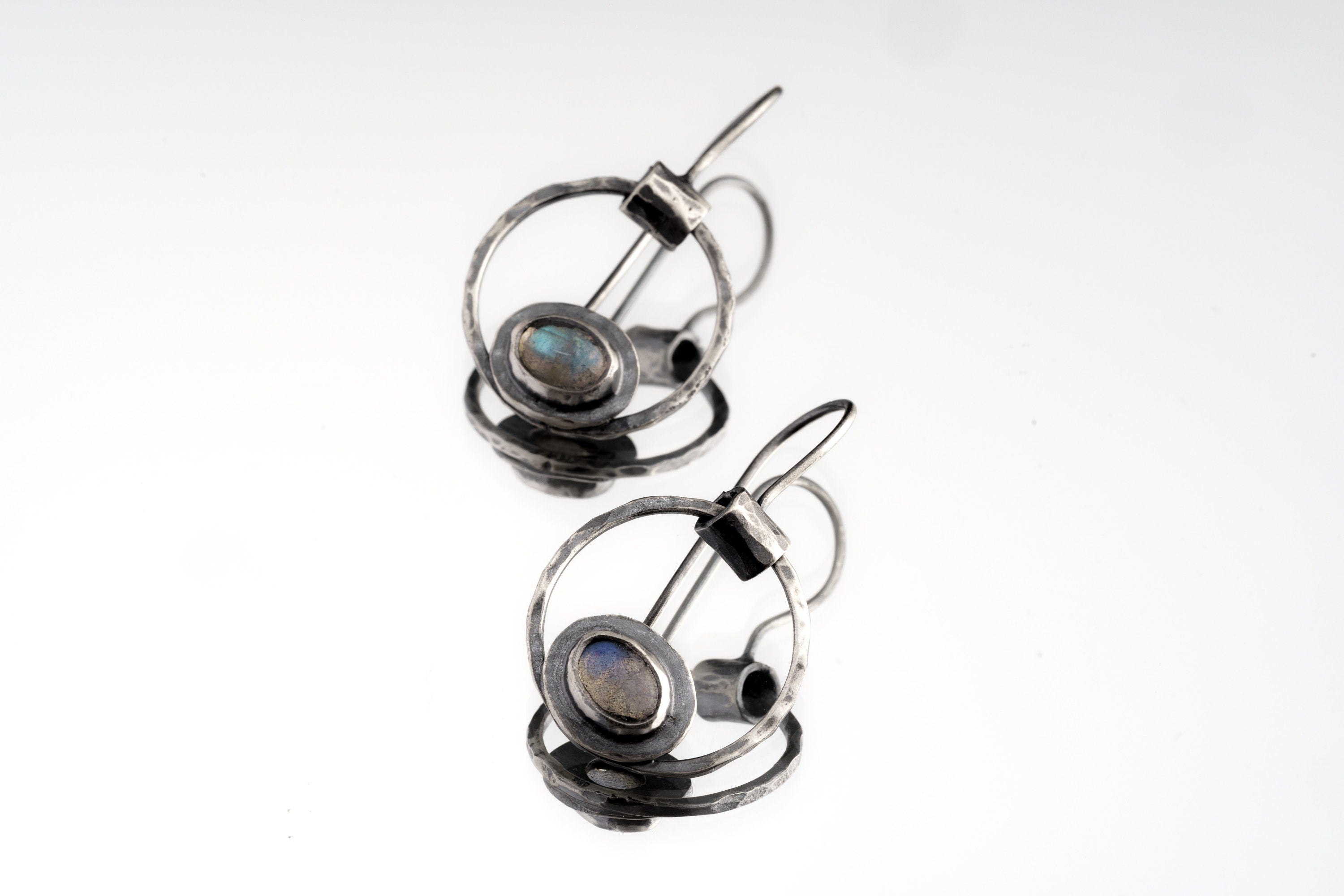 Oxidized Sterling Silver Labradorite Hoop Earrings: Rustic Boho Style