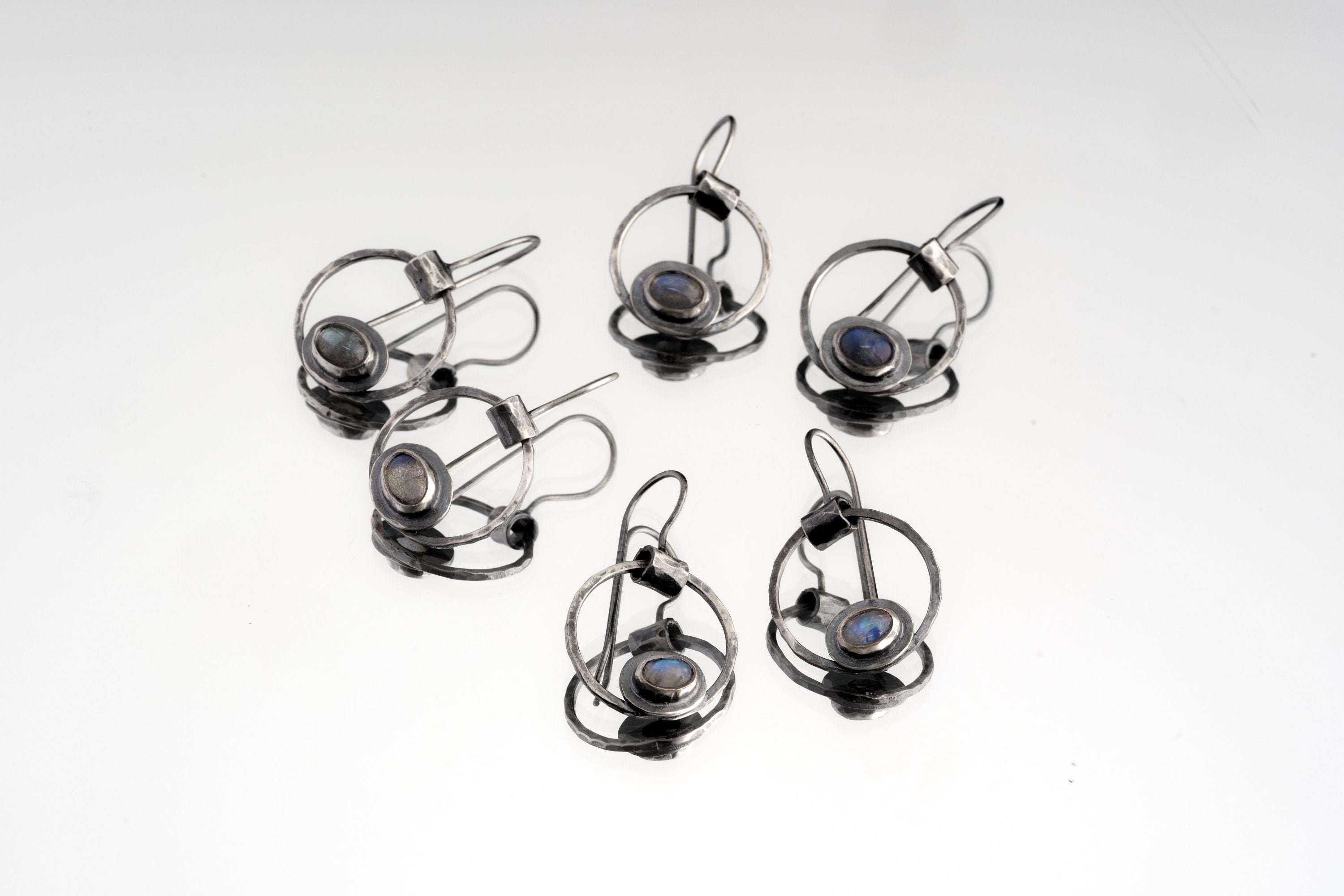 Labradorite Cat Eye Earrings 925 Sterling Silver Hammered Circle Dangles Bezel Set Third Eye Chakra Jewelry Gift