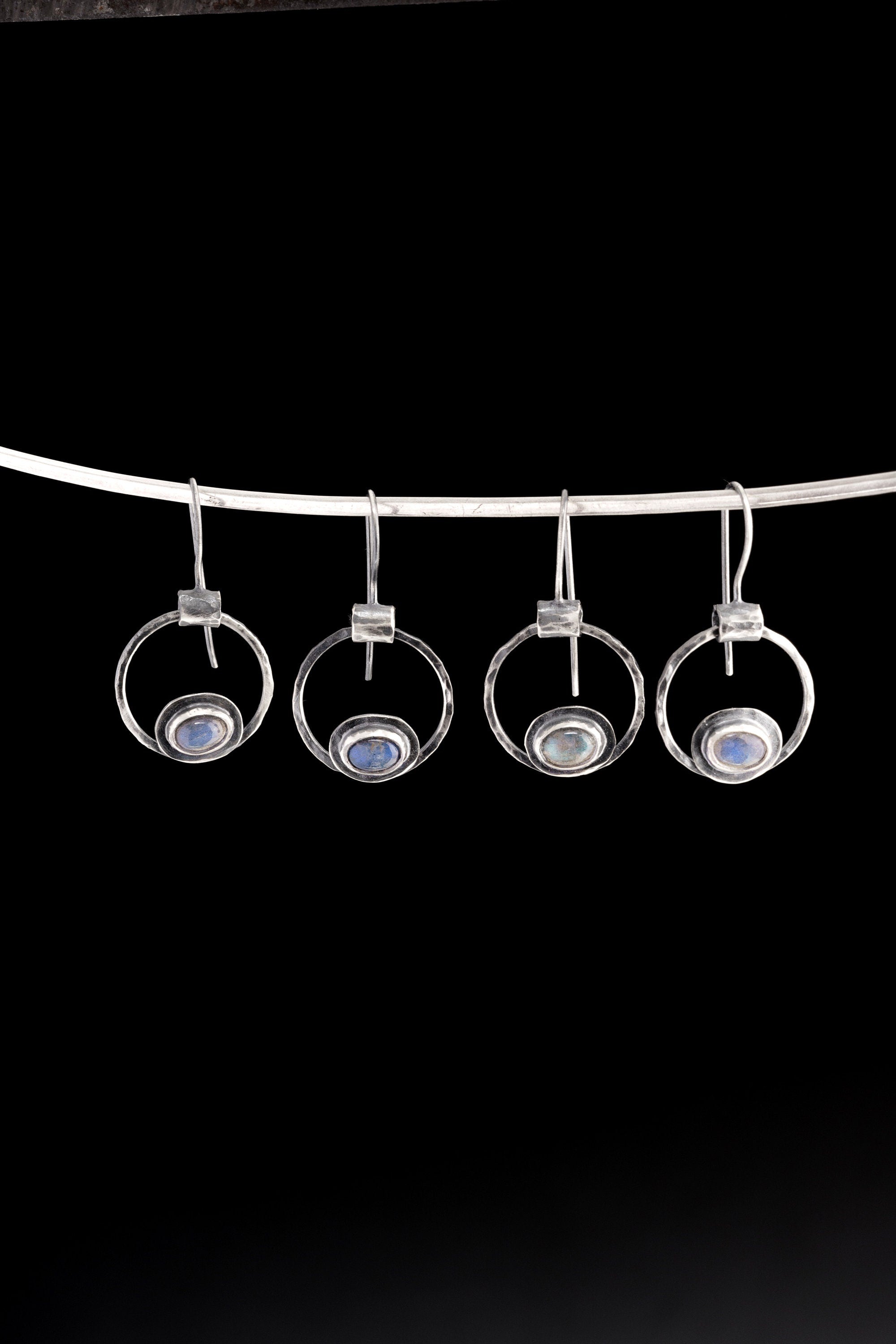 Labradorite Cat Eye Earrings 925 Sterling Silver Hammered Circle Dangles Bezel Set Third Eye Chakra Jewelry Gift