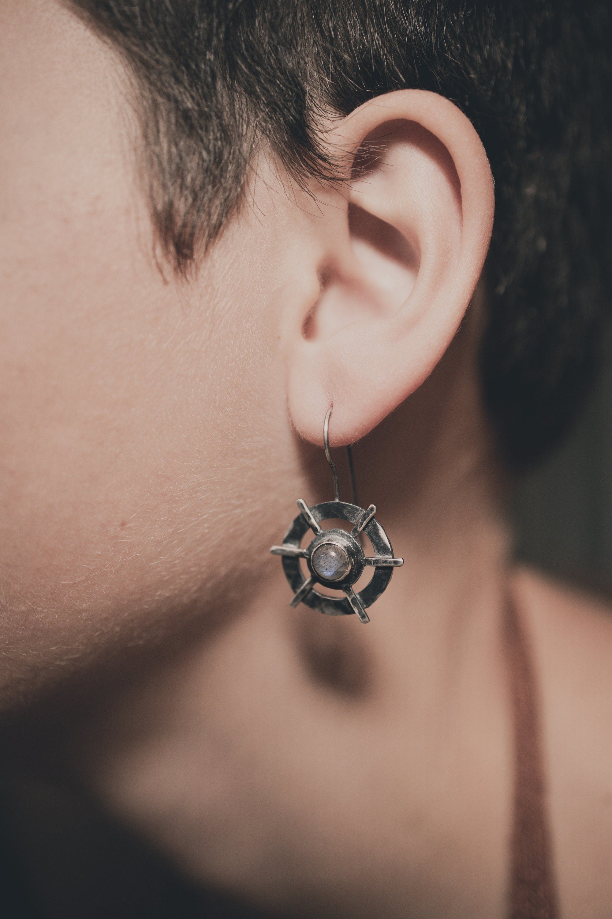 Rainbow Labradorite Earrings: Oxidized Sterling Silver, Hammered Boho Pair