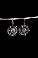 Labradorite earrings displayed on a dark background, showing circle cross construction and polished sterling silver finish.