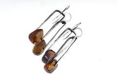 Oxidized Rustic Boho Earrings with Big Mexican Freeform Amber Cabochon Solid 925 Sterling Silver Long Hammered Spinning Dangle Earring Pair