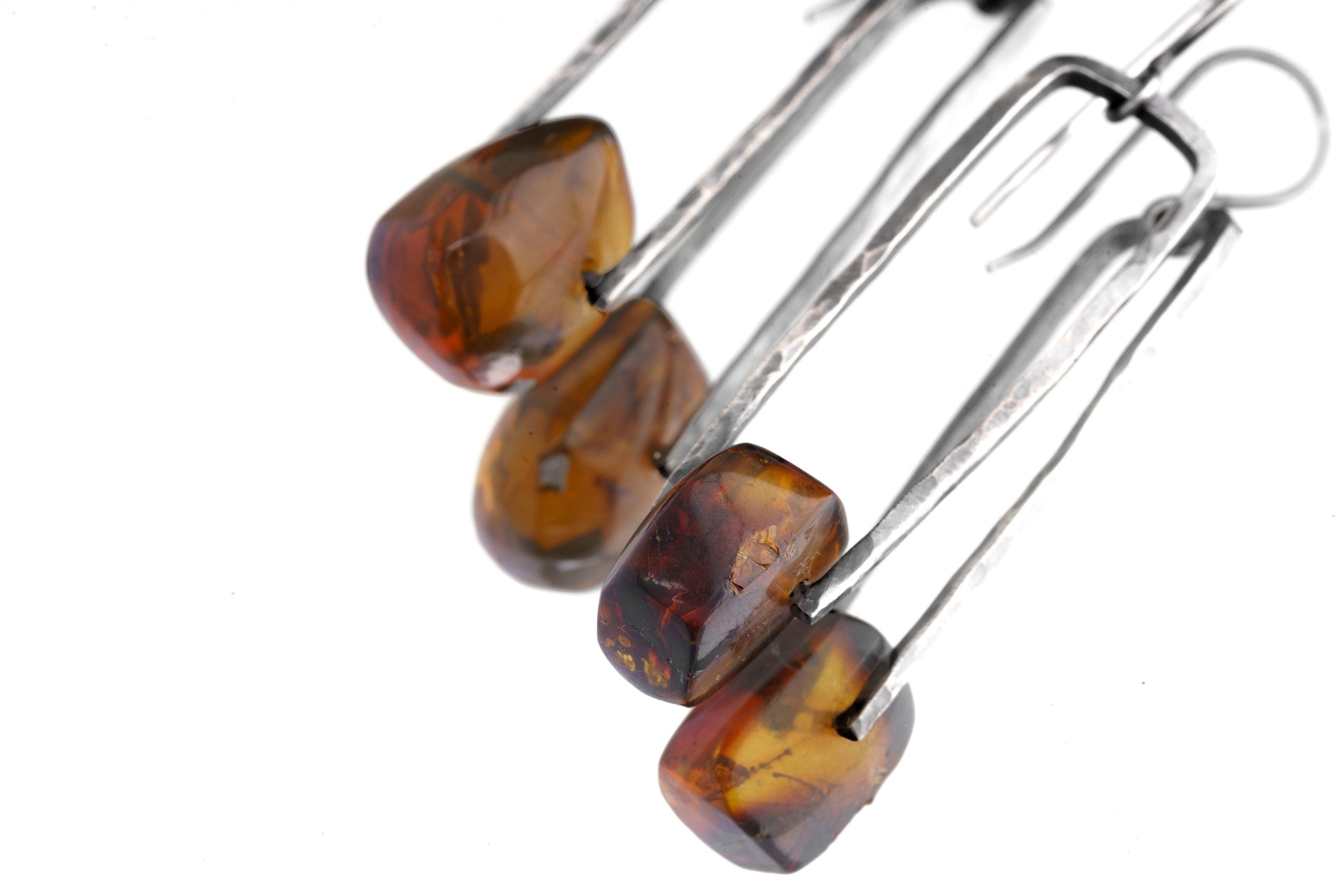 Oxidized Rustic Boho Earrings with Big Mexican Freeform Amber Cabochon Solid 925 Sterling Silver Long Hammered Spinning Dangle Earring Pair