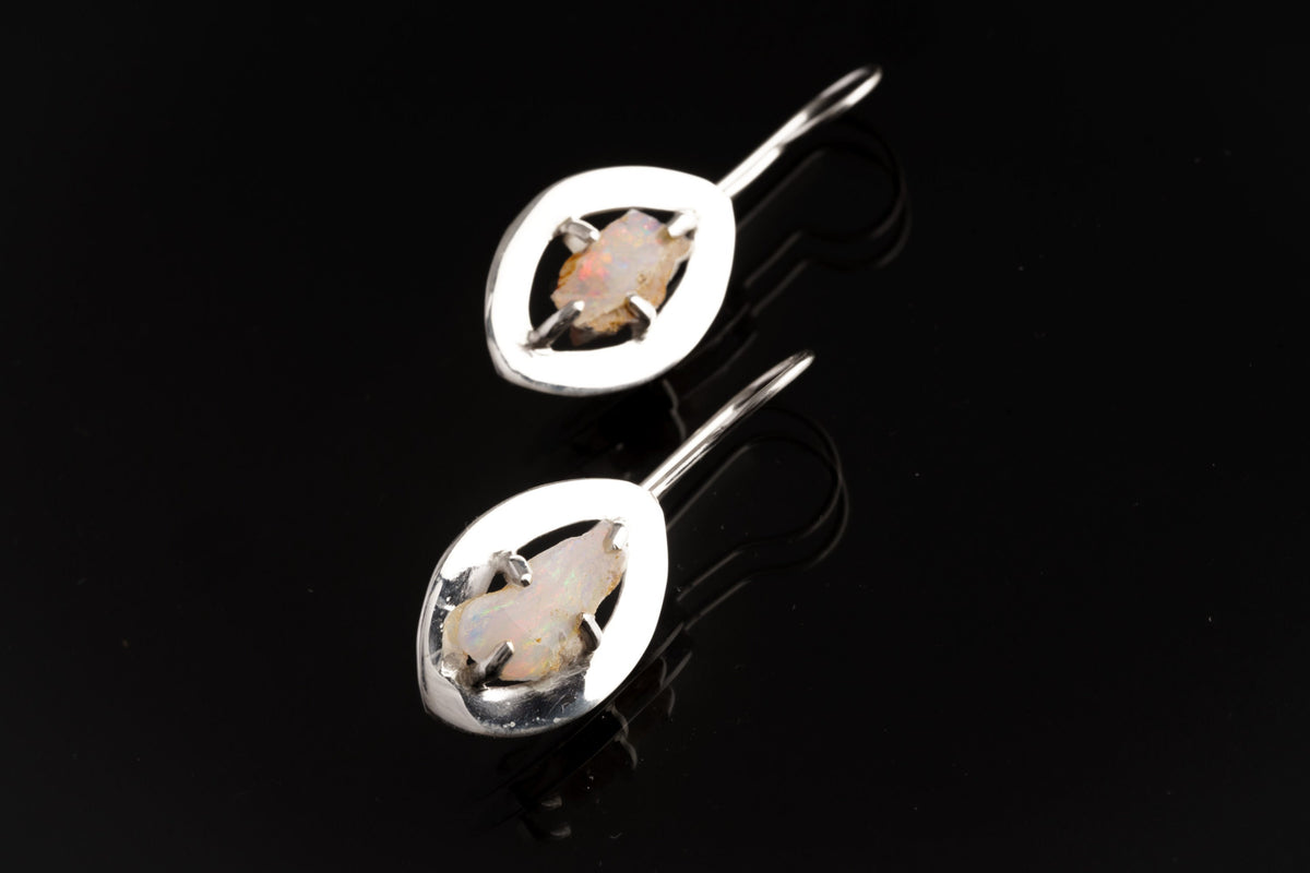 White Lightning Ridge Opal halo earrings in polished 925 sterling silver with 8-claw settings and luminous Opal chips.