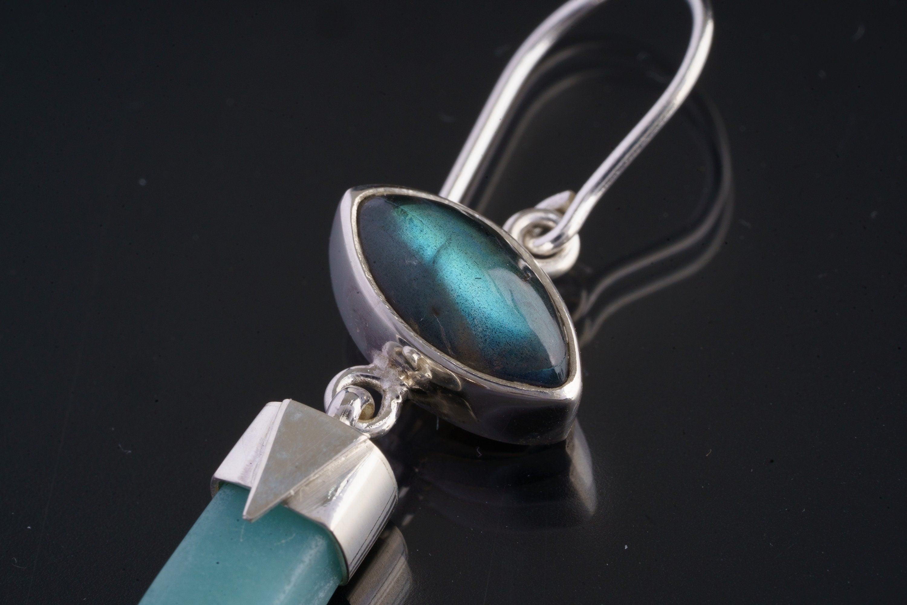 Close-up of Labradorite Aquamarine earring showing sterling silver hook, flashing Labradorite, and blue Aquamarine drop.