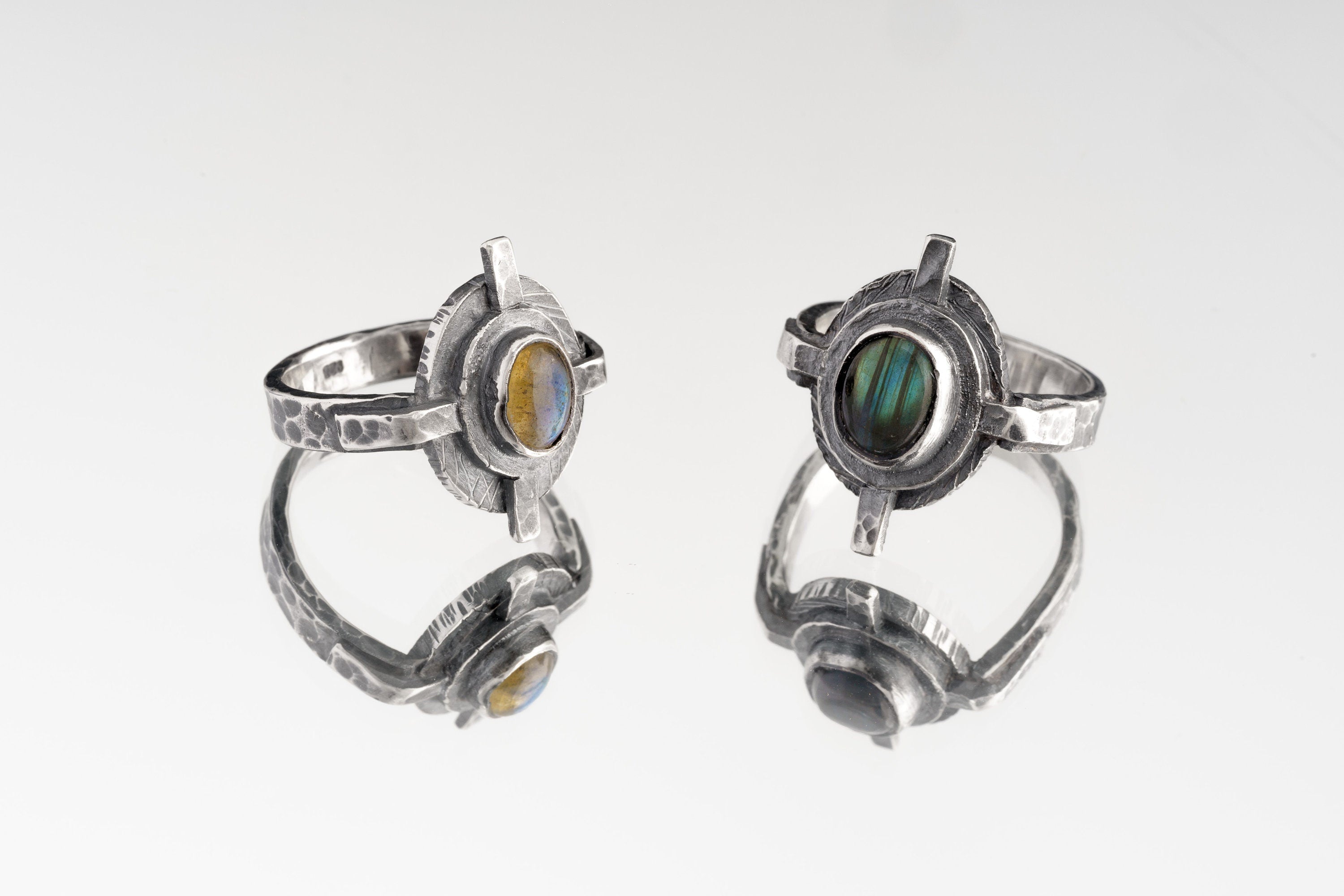Rainbow Labradorite Compass Ring: Oxidized Sterling Silver Nautical Design