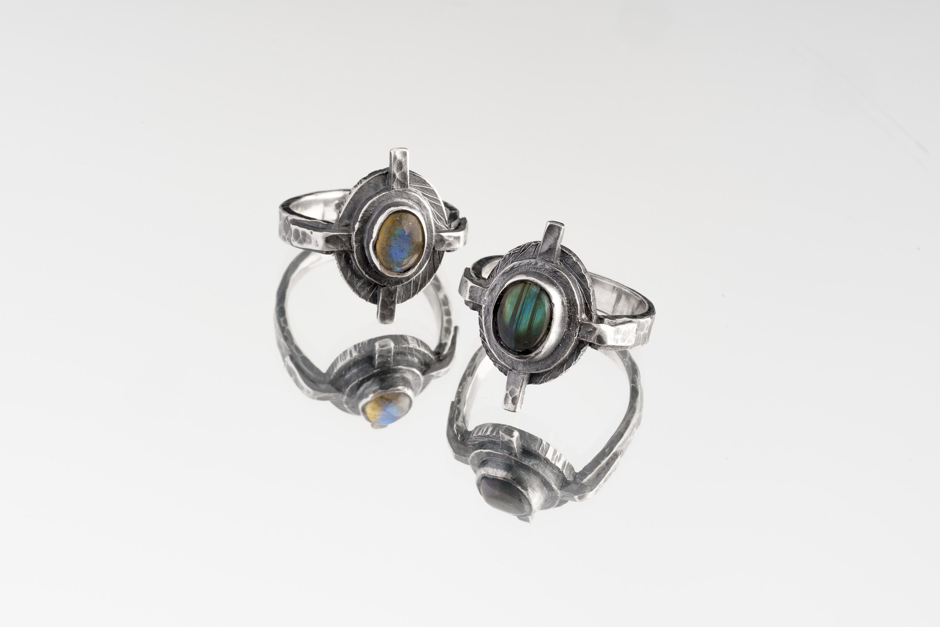Rainbow Labradorite Compass Ring: Oxidized Sterling Silver Nautical Design