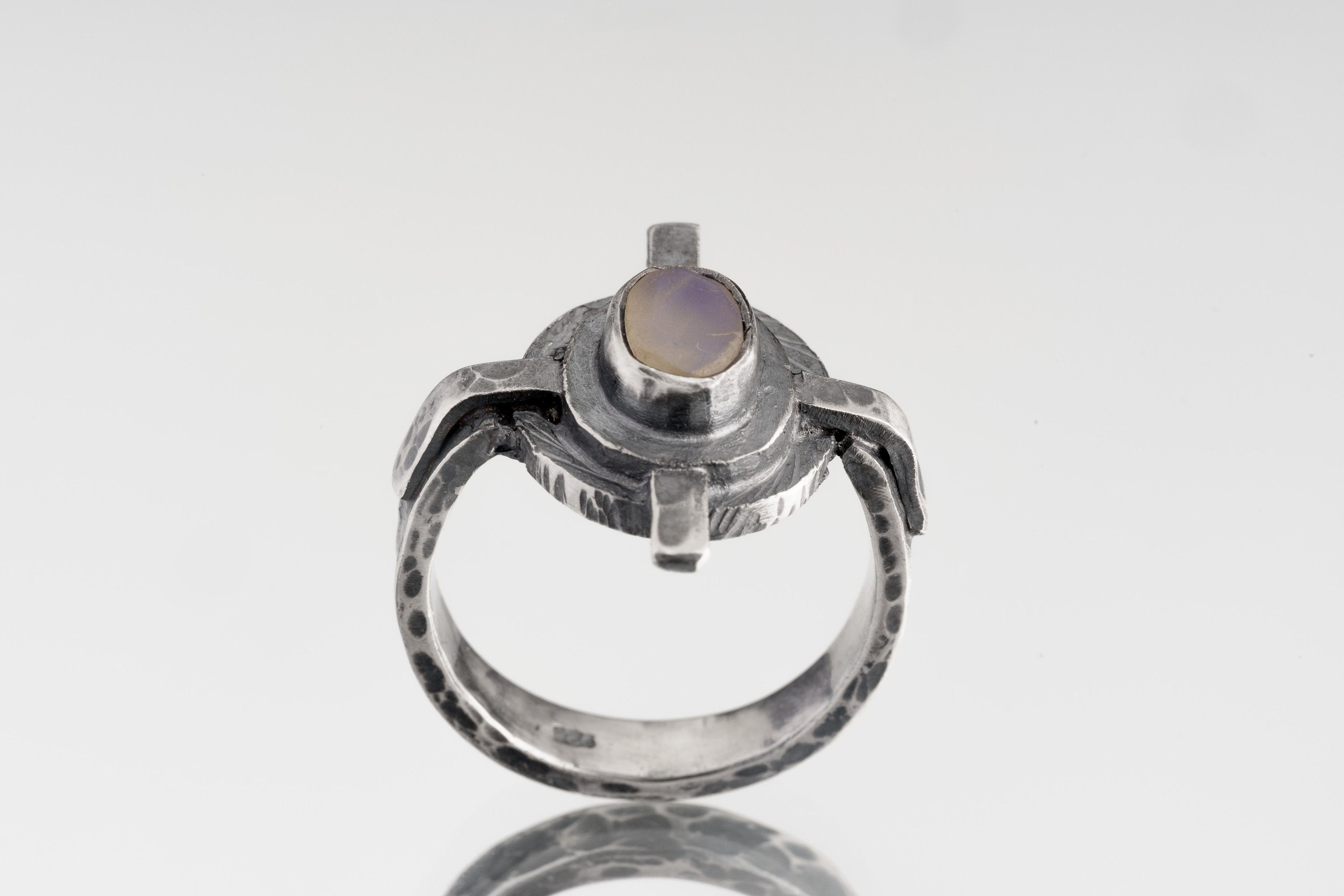 Oxidized Sterling Silver Blue Moonstone Ring: Rustic Compass Design