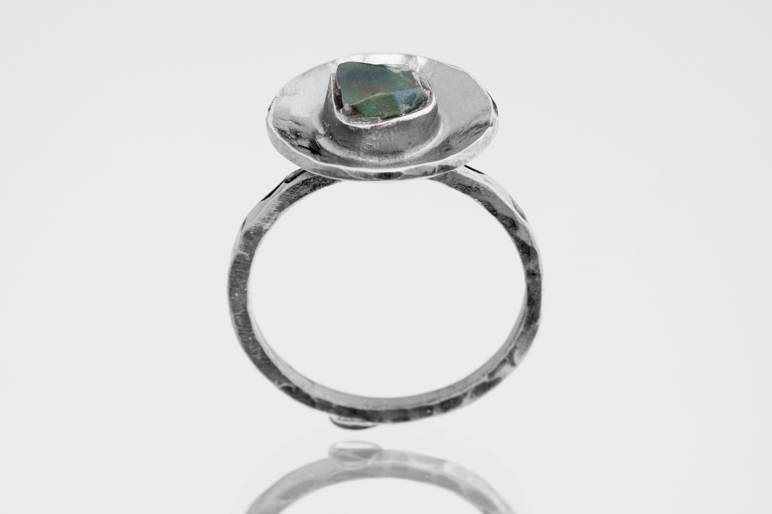 Raw Sapphire Dome Ring 925 Sterling Silver Oxidized Textured Band September Birthstone Throat Chakra Gift
