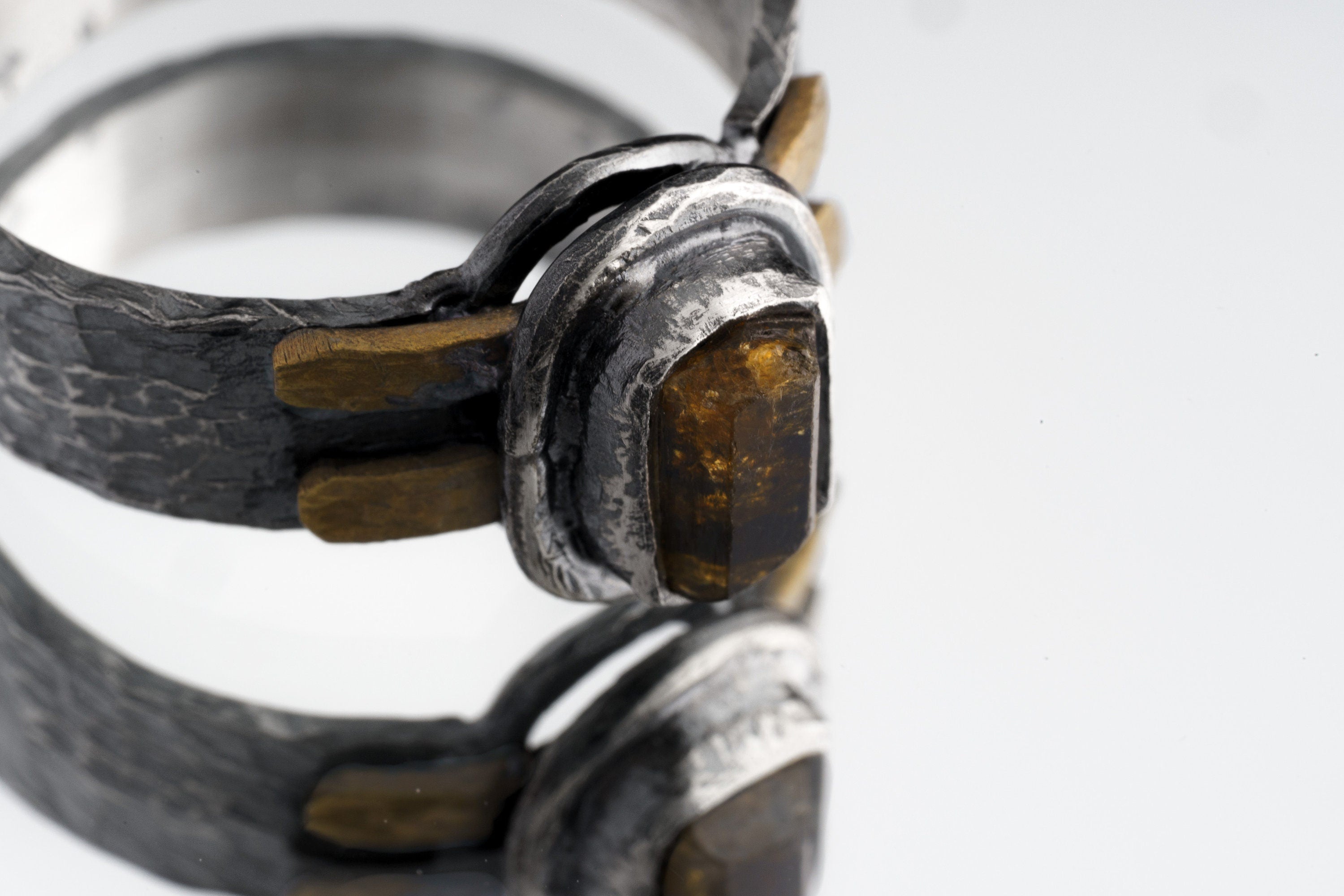Close-up of Brown Tourmaline Dravite Silver Ring showing oxidized sterling silver, brass detail, and earthy stone setting.