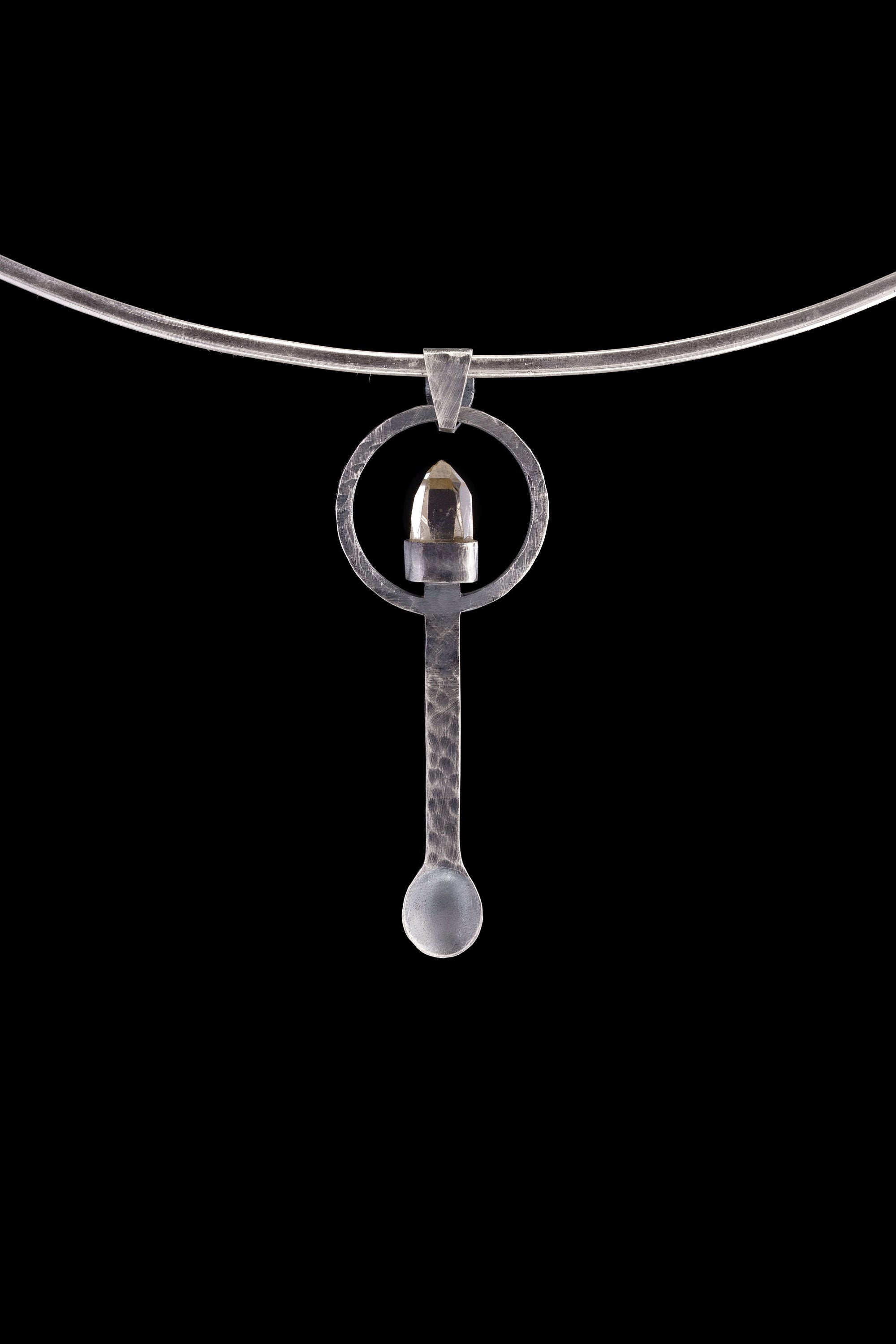 Raw Aquamarine oxidized sterling silver ritual spoon shown on a choker with dark background and handmade spoon form.