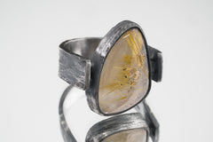 Golden Rutile Quartz - Rustic Comfortable Crystal Ring - Size 9 1/2 US - 925 Sterling Silver - Abstract Textured & Oxidised