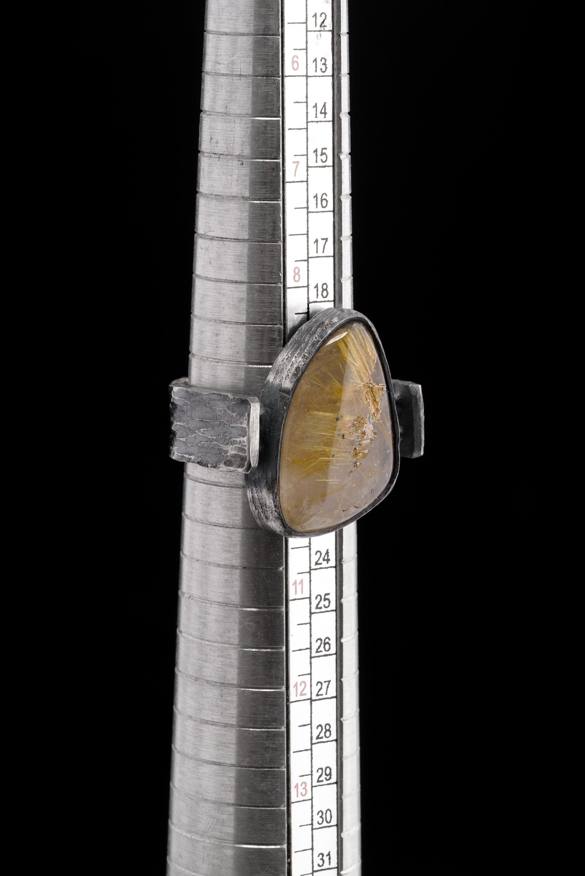 Golden Rutile Quartz - Rustic Comfortable Crystal Ring - Size 9 1/2 US - 925 Sterling Silver - Abstract Textured & Oxidised