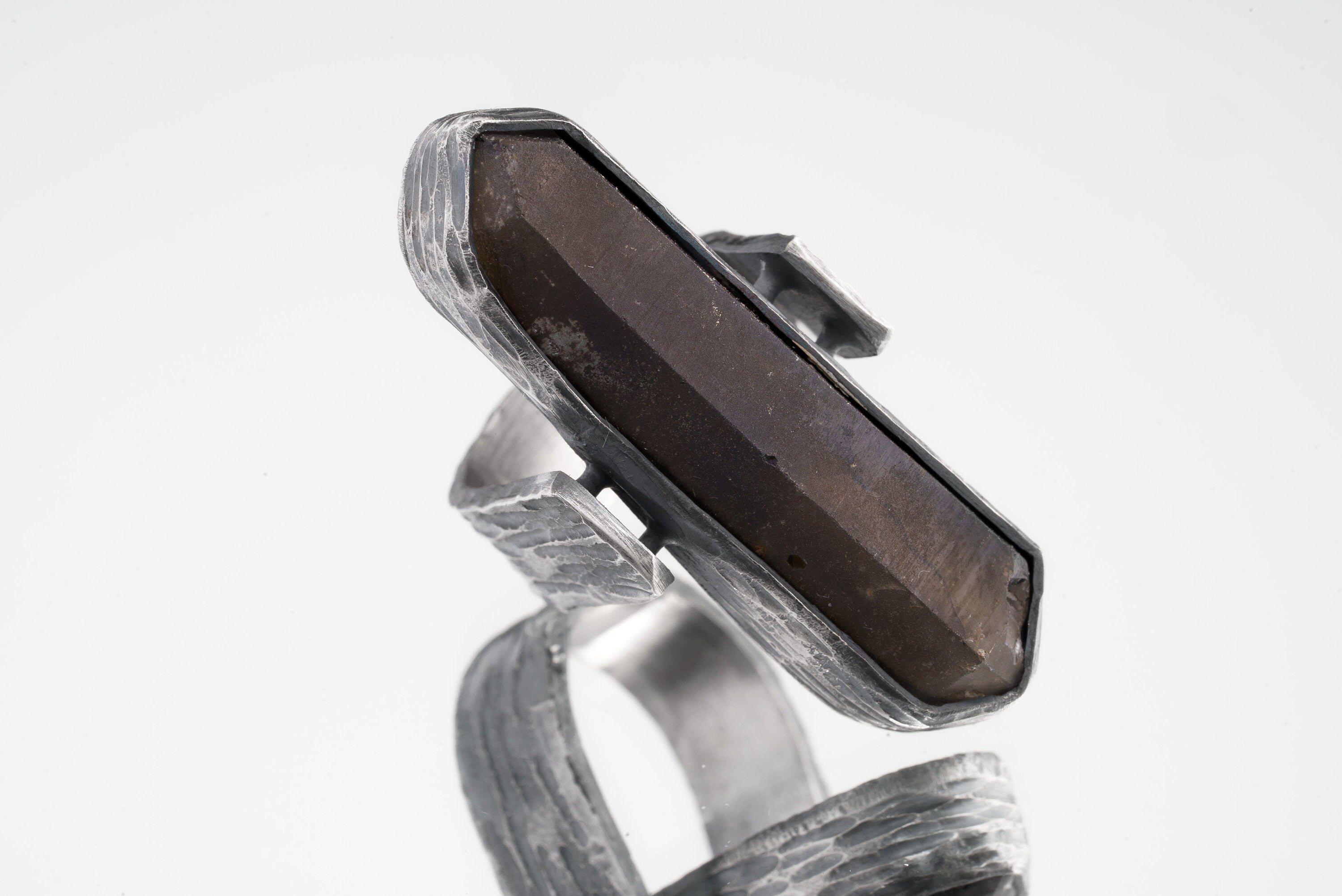 Australian Double terminated Smoky Quartz- Comfortable Crystal Ring - Size 7 1/2 US - 925 Sterling Silver - Abstract Textured & Oxidised