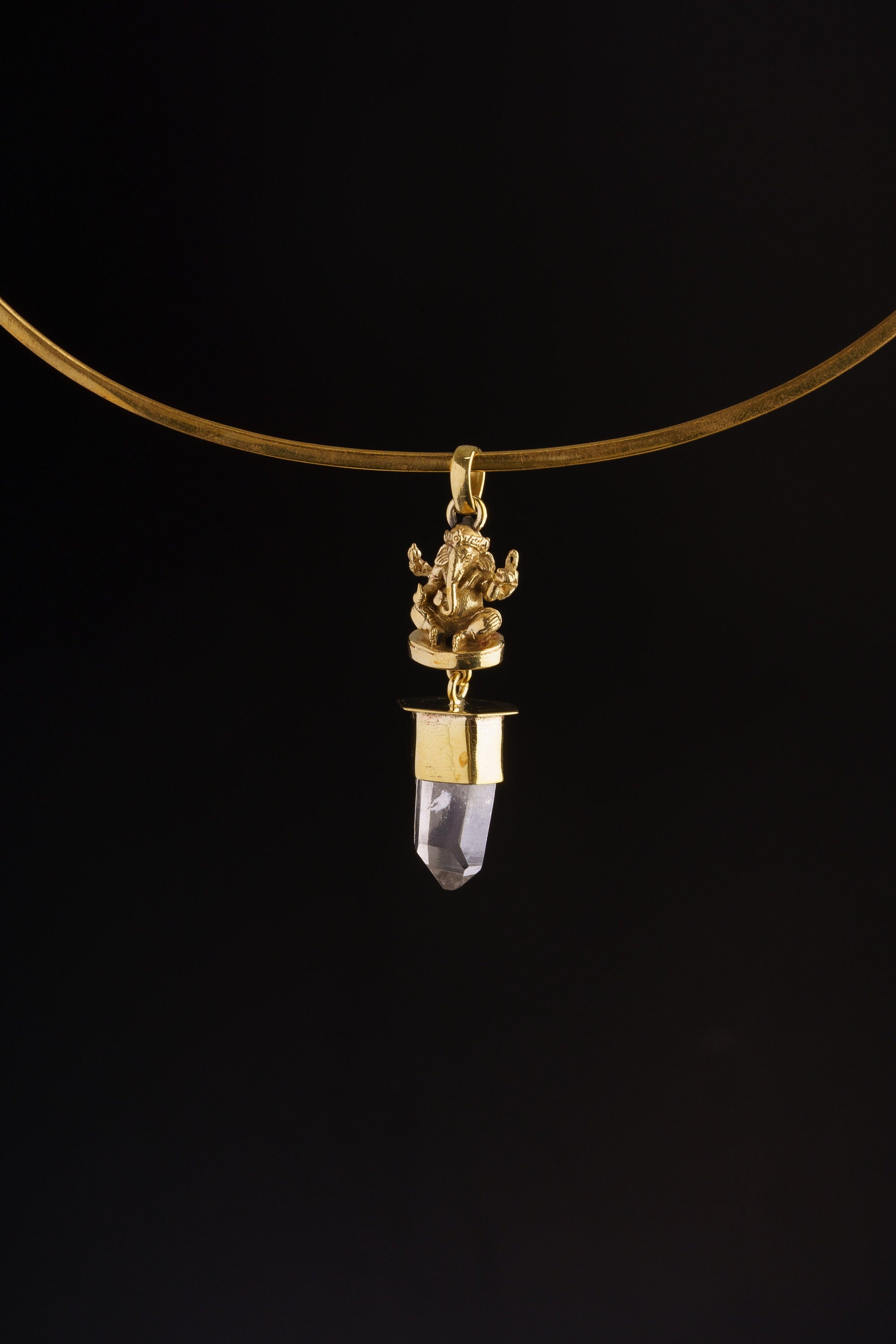 Himalayan Specialty Quartz - Shiny Golden Brass Set - Meditating Lord Ganesha Cast - Robust Dangling Talisman Pendant