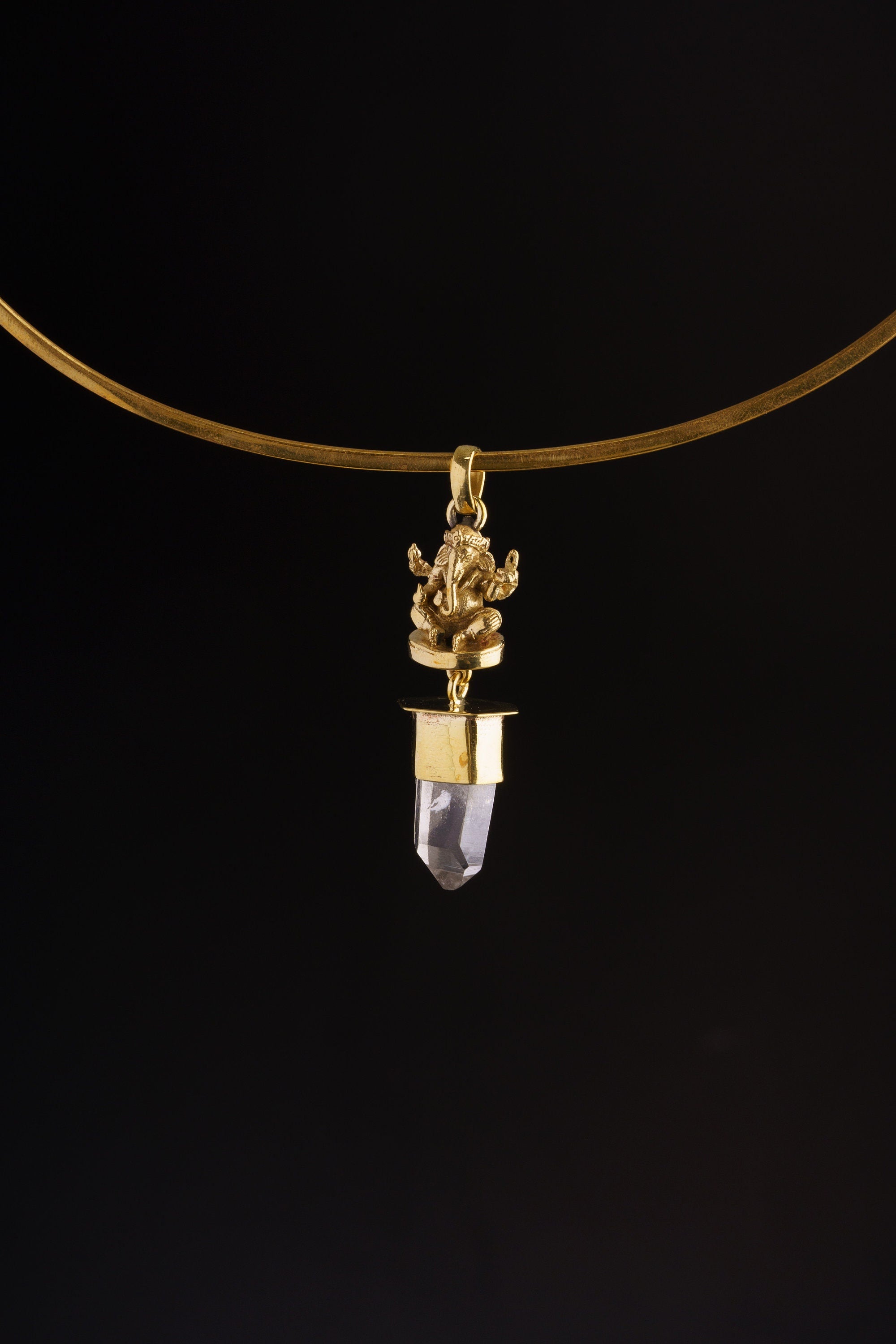 Ganesha Clear Quartz Pendant Brass Talisman Necklace Himalayan Quartz Crown Chakra Meditation Spiritual Gift