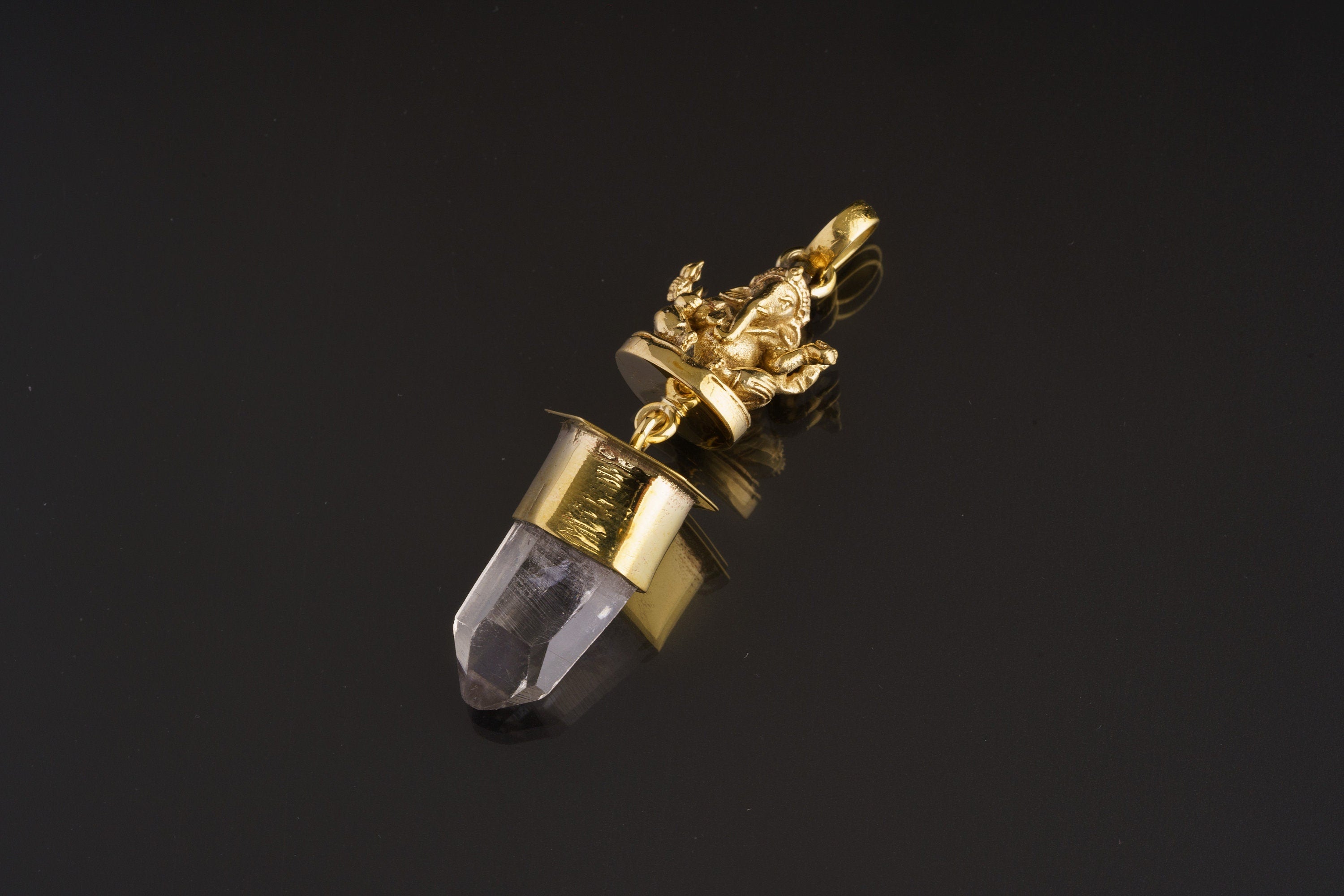 Himalayan Specialty Quartz - Shiny Golden Brass Set - Meditating Lord Ganesha Cast - Robust Dangling Talisman Pendant
