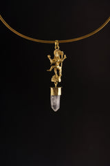 Dancing Shiva Cast in Gold Plated Brass Necklace - Himalayan Quartz Point Talisman , Unique Line Texture, Robust Dangling Pendant Design