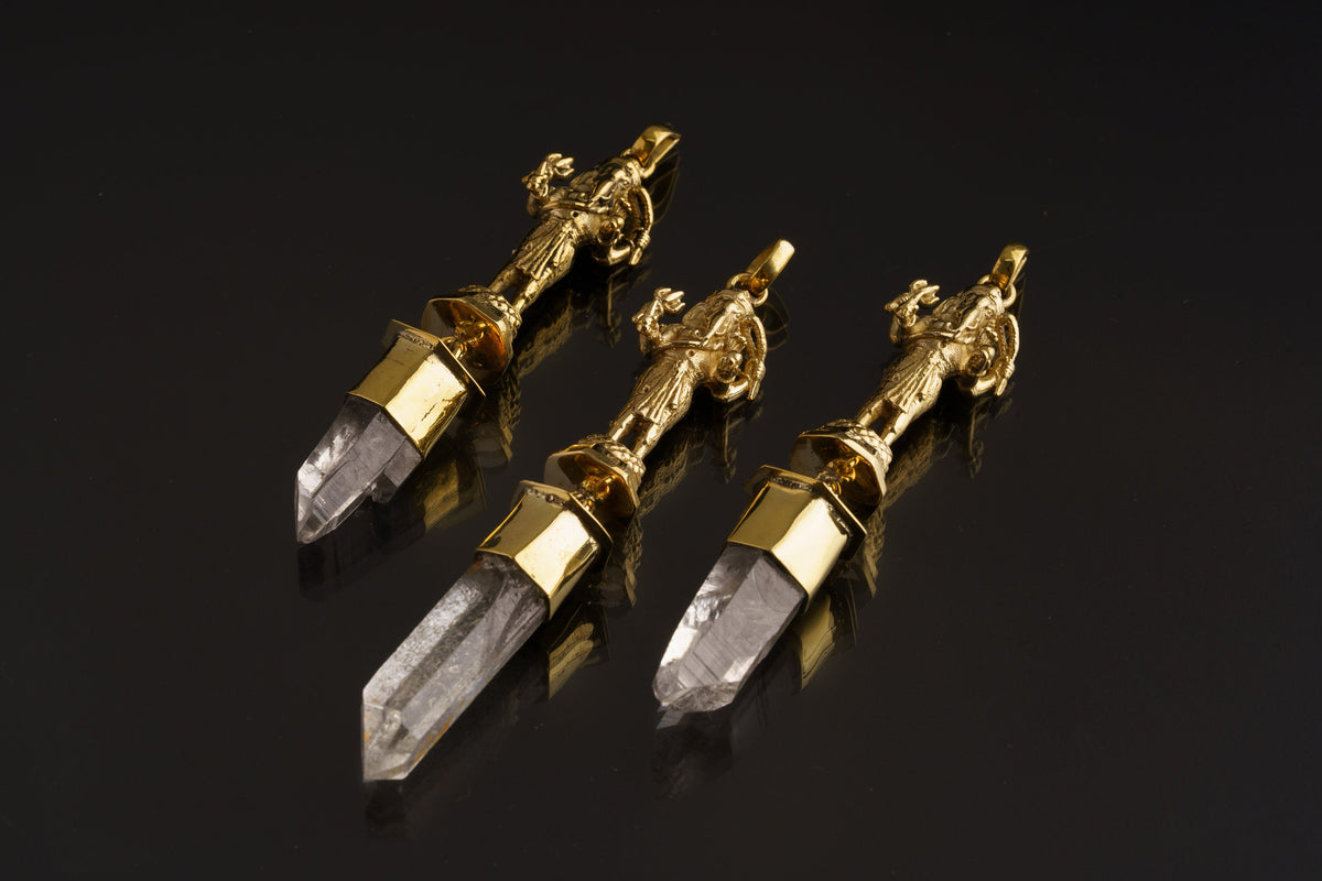 Himalayan Specialty Quartz - Shiny Golden Brass Set - Standing Lord Ganesha Cast - Robust Dangling Talisman Pendant