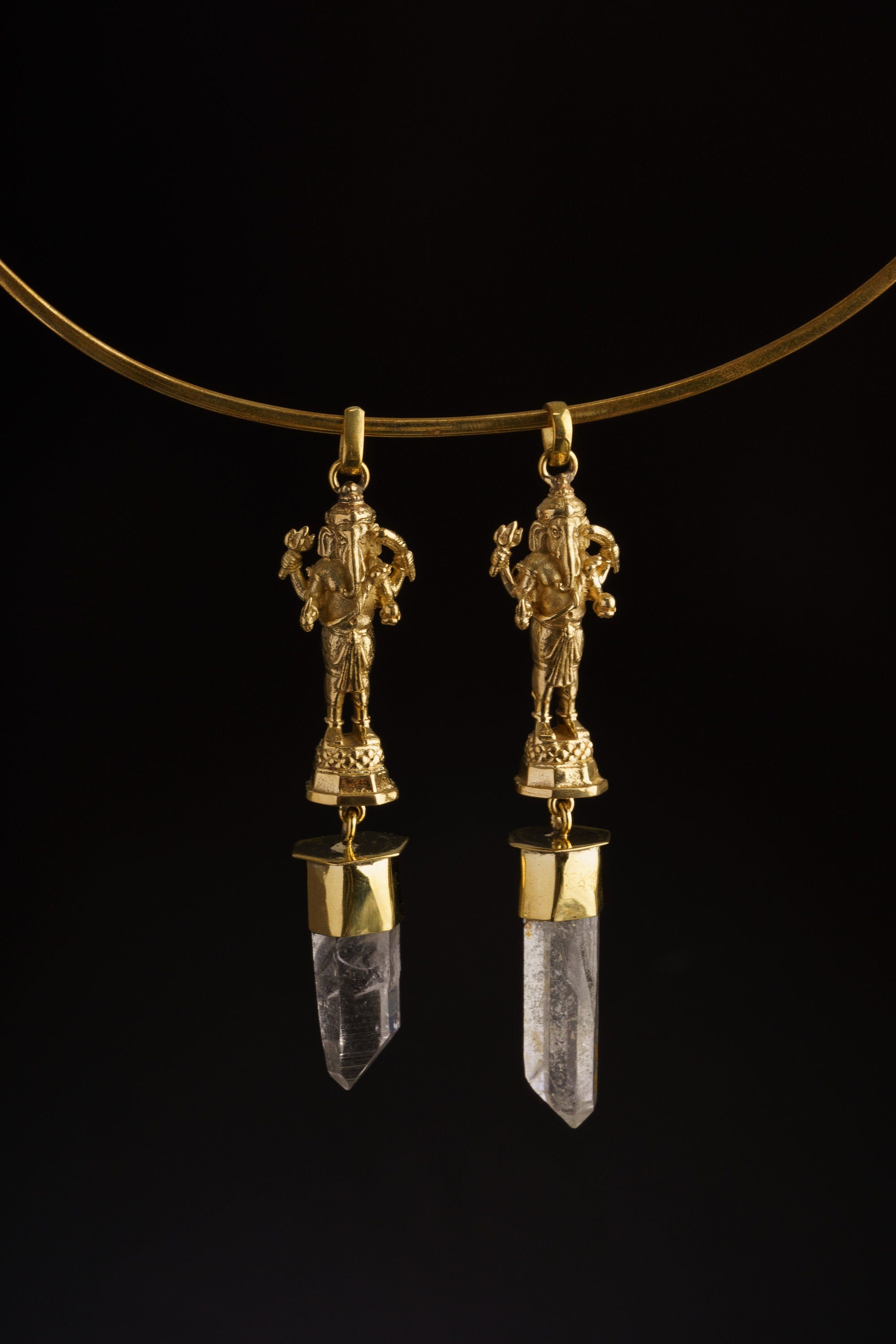 Ganesha Talisman Pendant: Himalayan Quartz, Golden Brass, Spiritual Amulet