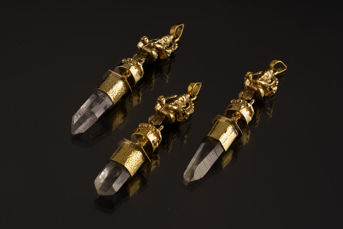 Himalayan Specialty Quartz - Shiny Golden Brass Set - Standing Lord Ganesha Cast Holding an Axe - Robust Dangling Talisman Pendant