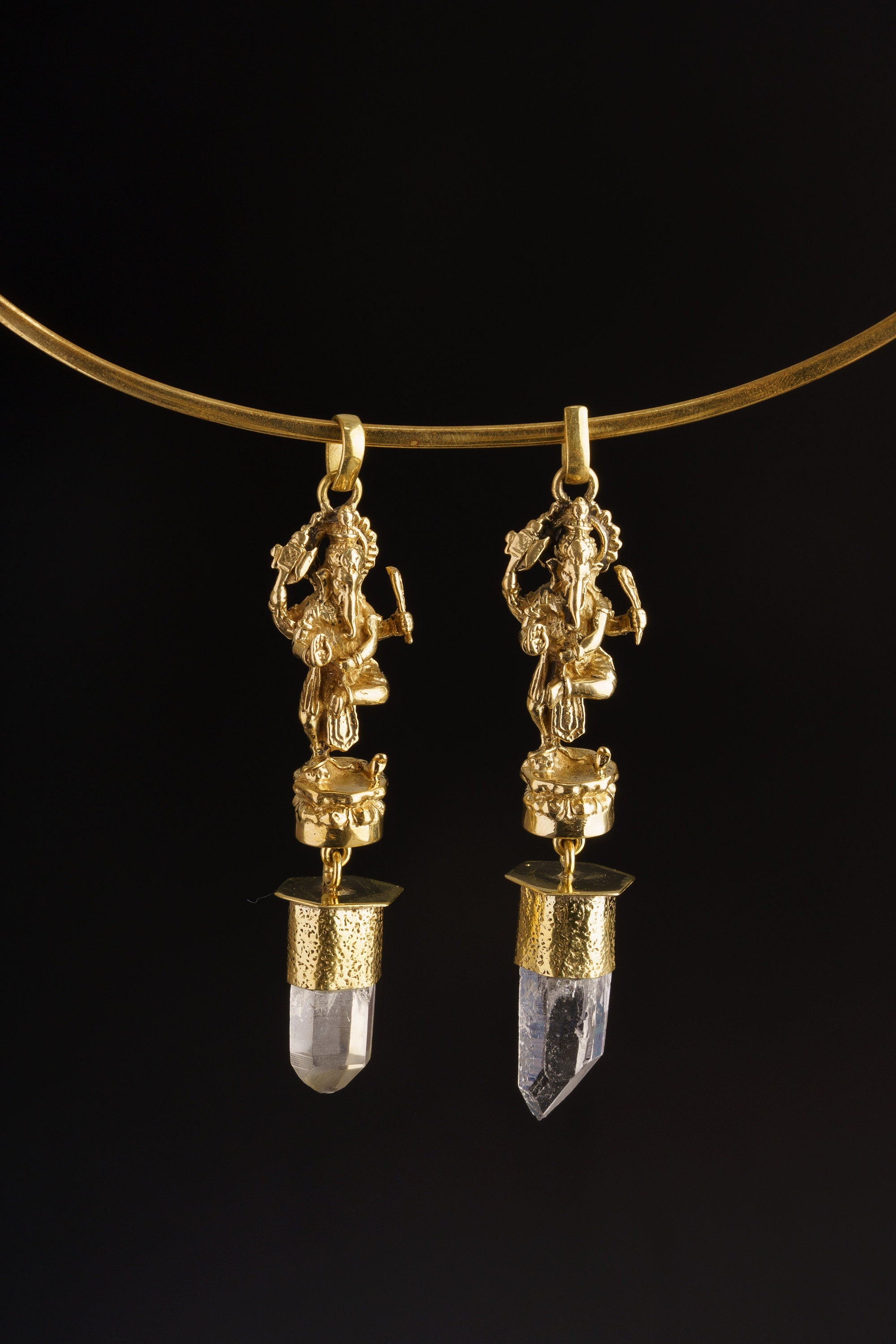 Himalayan Specialty Quartz - Shiny Golden Brass Set - Standing Lord Ganesha Cast Holding an Axe - Robust Dangling Talisman Pendant