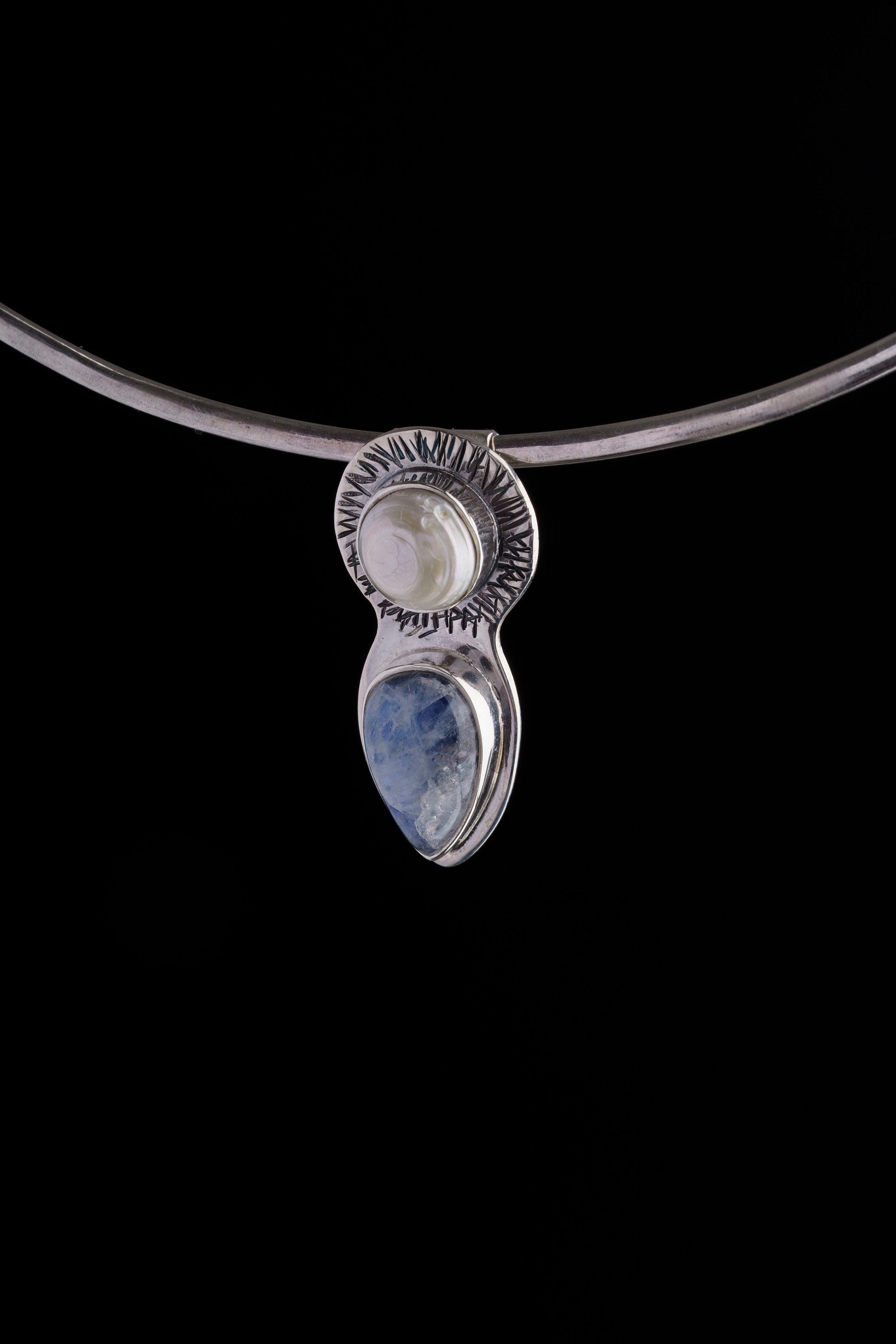 Blue Moonstone & South Sea Pearl Pendant, Crystal Stack, Textured 925 Sterling Silver, Throat Chakra, Emotional Balance Jewelry,Perfect Gift