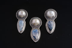 Blue Moonstone & South Sea Pearl Pendant, Crystal Stack, Textured 925 Sterling Silver, Throat Chakra, Emotional Balance Jewelry,Perfect Gift