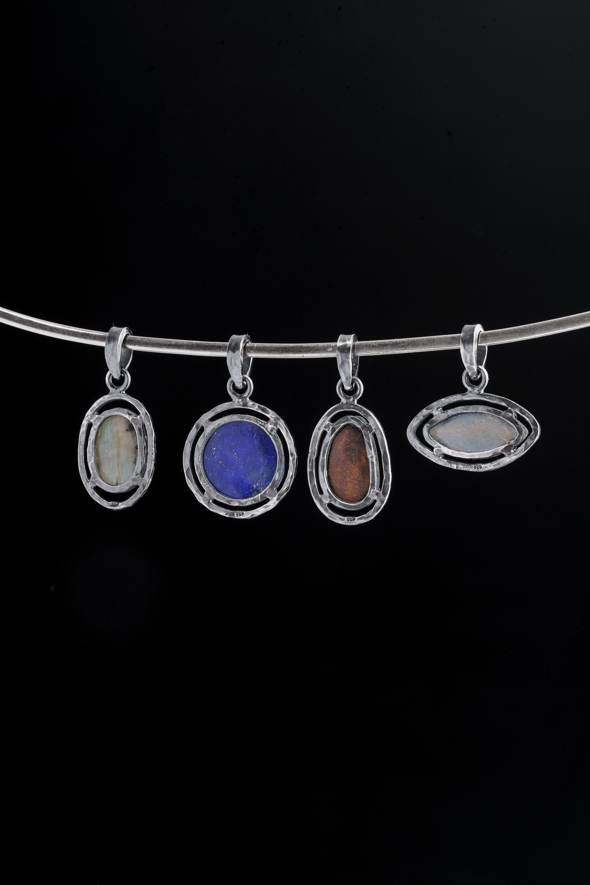 Oxidized Sterling Silver Lapis Lazuli Pendant Necklace: Hammered Crystal