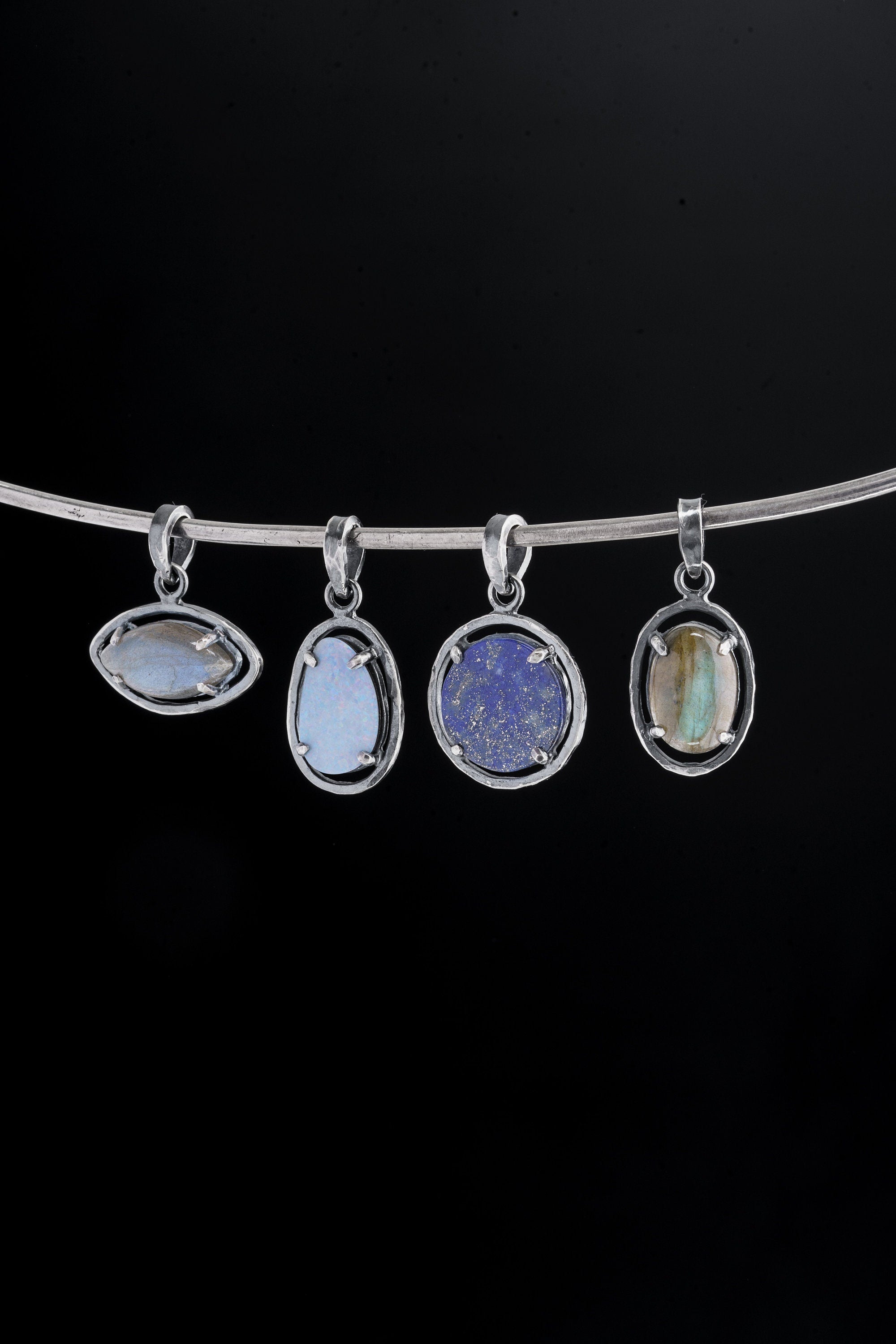 Oxidized Sterling Silver Opal Doublet Pendant: Hammered Texture