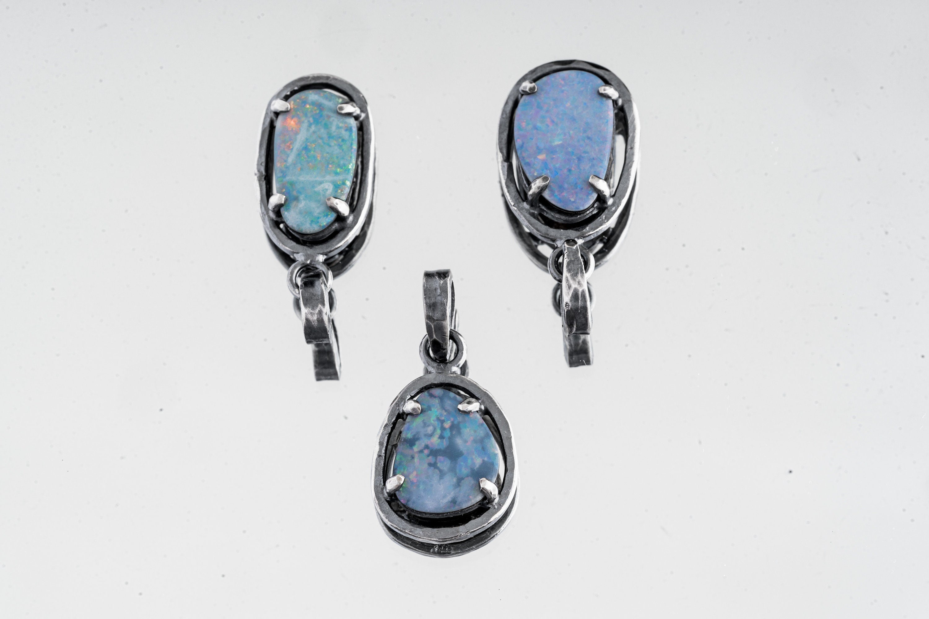Mystical Opulence: Opal Doublet - Oxidised Sterling Silver - Strong Claw Setting - Hammer Textured - Pendant Crystal Necklace