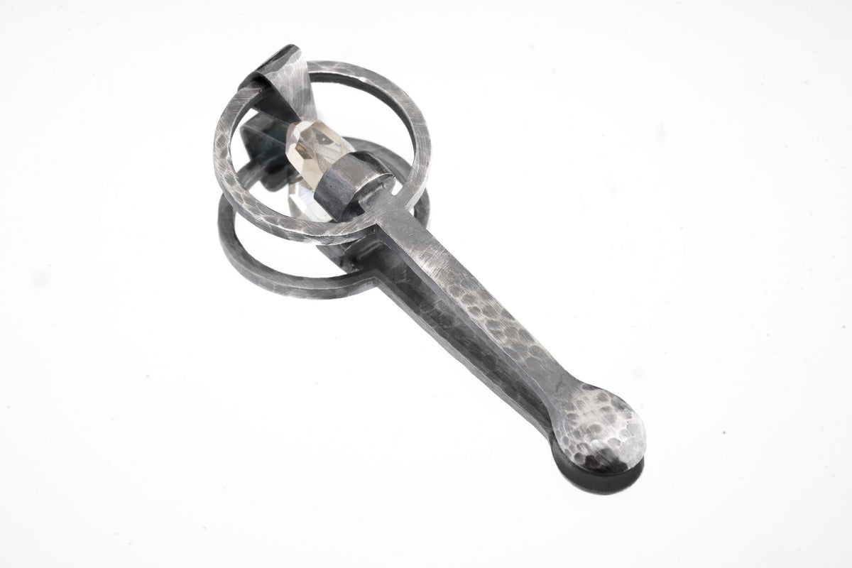 Raw Aquamarine oxidized sterling silver ritual spoon shown on white background with hammered silver and pale blue crystal.