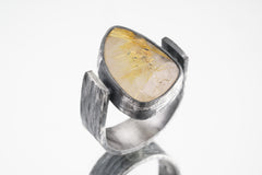 Golden Rutile Quartz - Rustic Comfortable Crystal Ring - Size 9 1/2 US - 925 Sterling Silver - Abstract Textured & Oxidised
