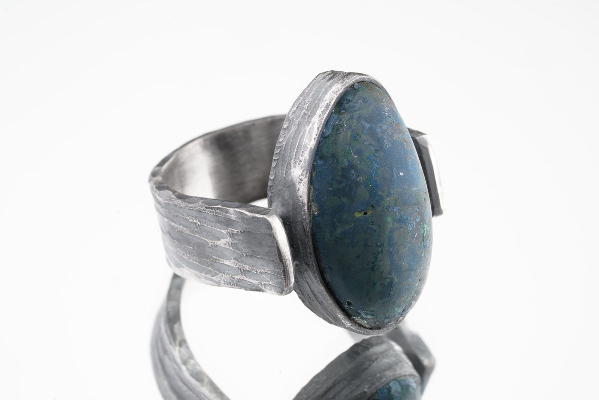 Australian Azurite Cabochon - Rustic Comfortable Crystal Ring - Size 8 1/2 US - 925 Sterling Silver - Abstract Textured & Oxidised