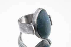 Australian Azurite Cabochon - Rustic Comfortable Crystal Ring - Size 8 1/2 US - 925 Sterling Silver - Abstract Textured & Oxidised