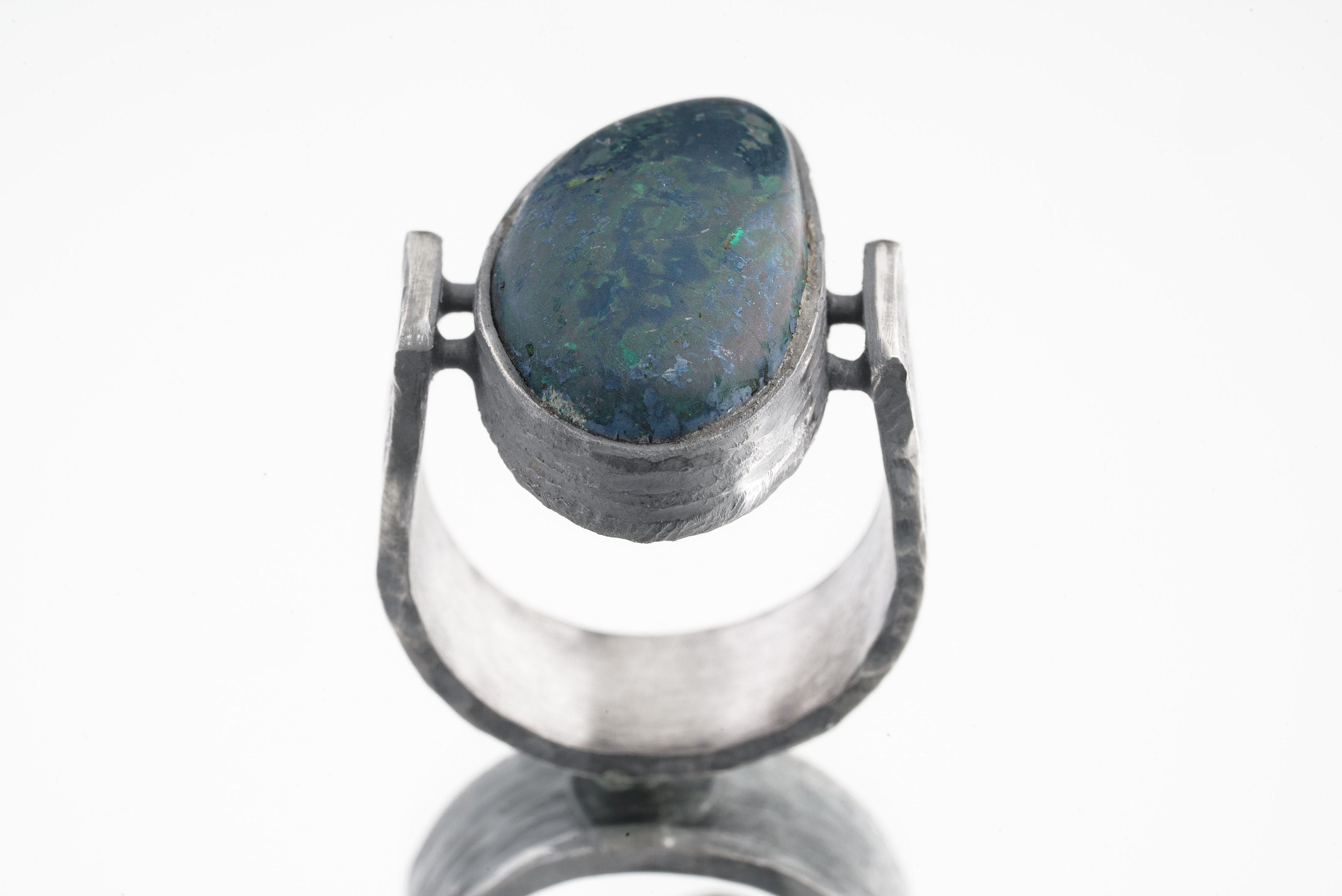 Australian Azurite Cabochon - Rustic Comfortable Crystal Ring - Size 8 1/2 US - 925 Sterling Silver - Abstract Textured & Oxidised