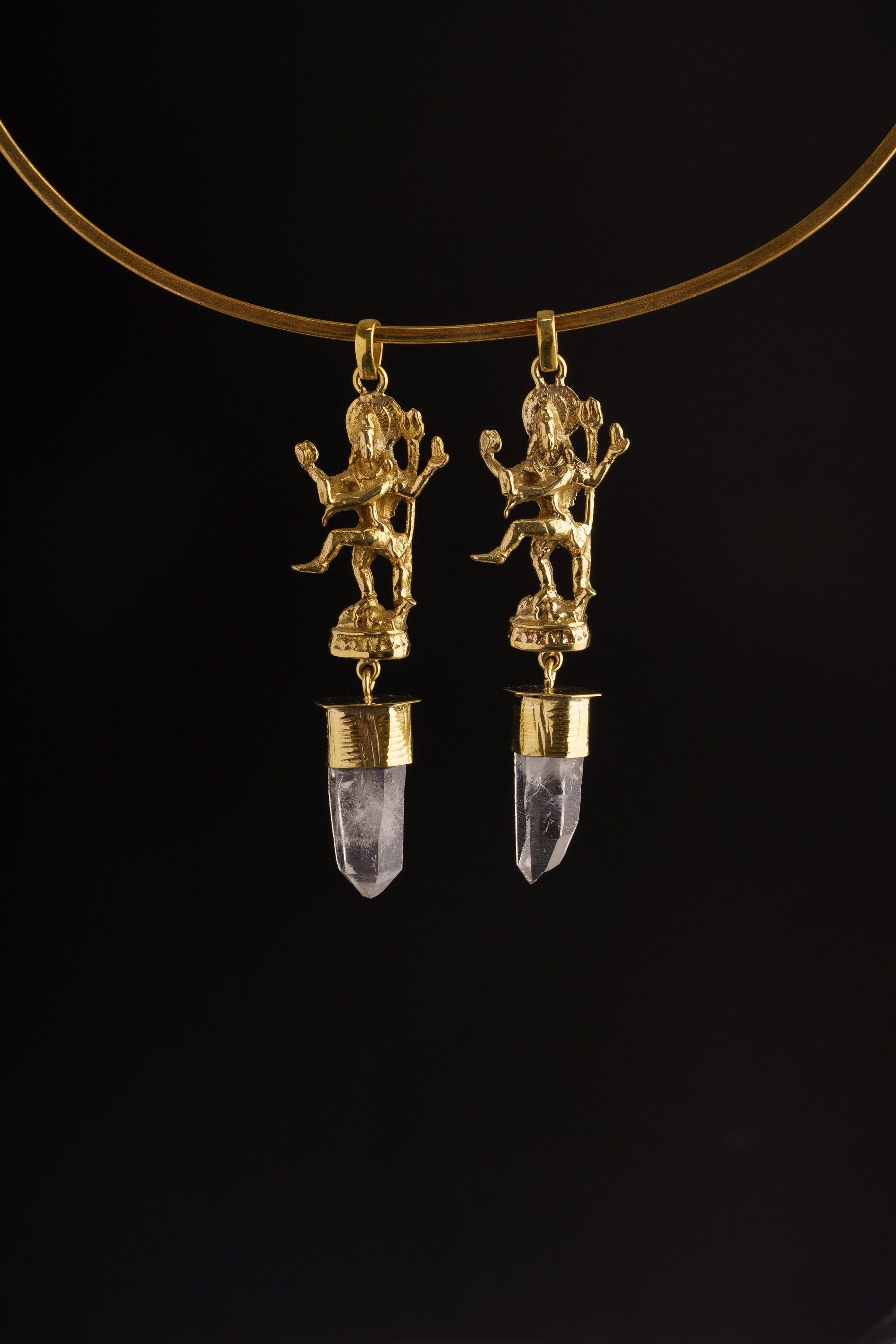 Dancing Shiva Cast in Gold Plated Brass Necklace - Himalayan Quartz Point Talisman , Unique Line Texture, Robust Dangling Pendant Design