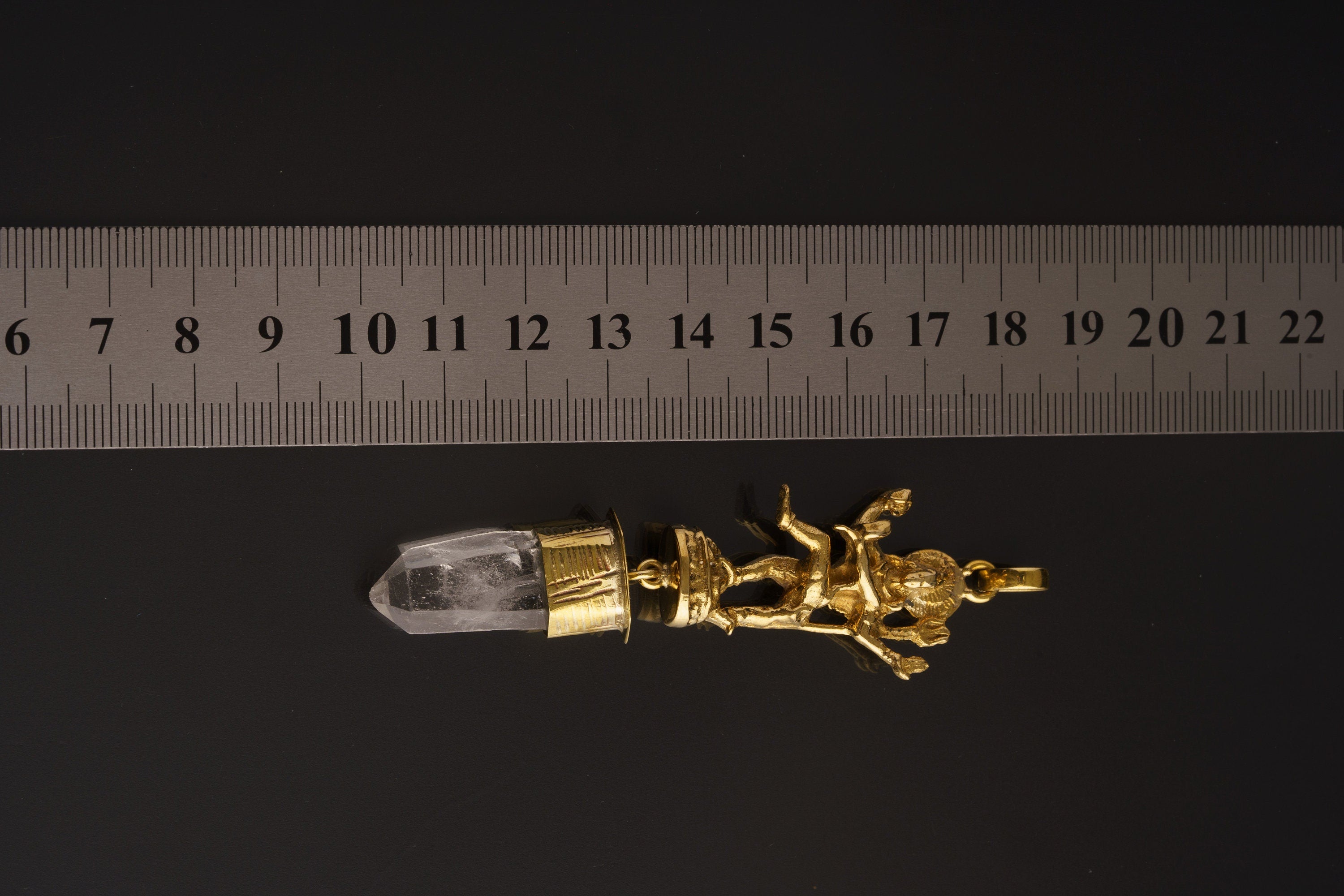 Dancing Shiva Cast in Gold Plated Brass Necklace - Himalayan Quartz Point Talisman , Unique Line Texture, Robust Dangling Pendant Design