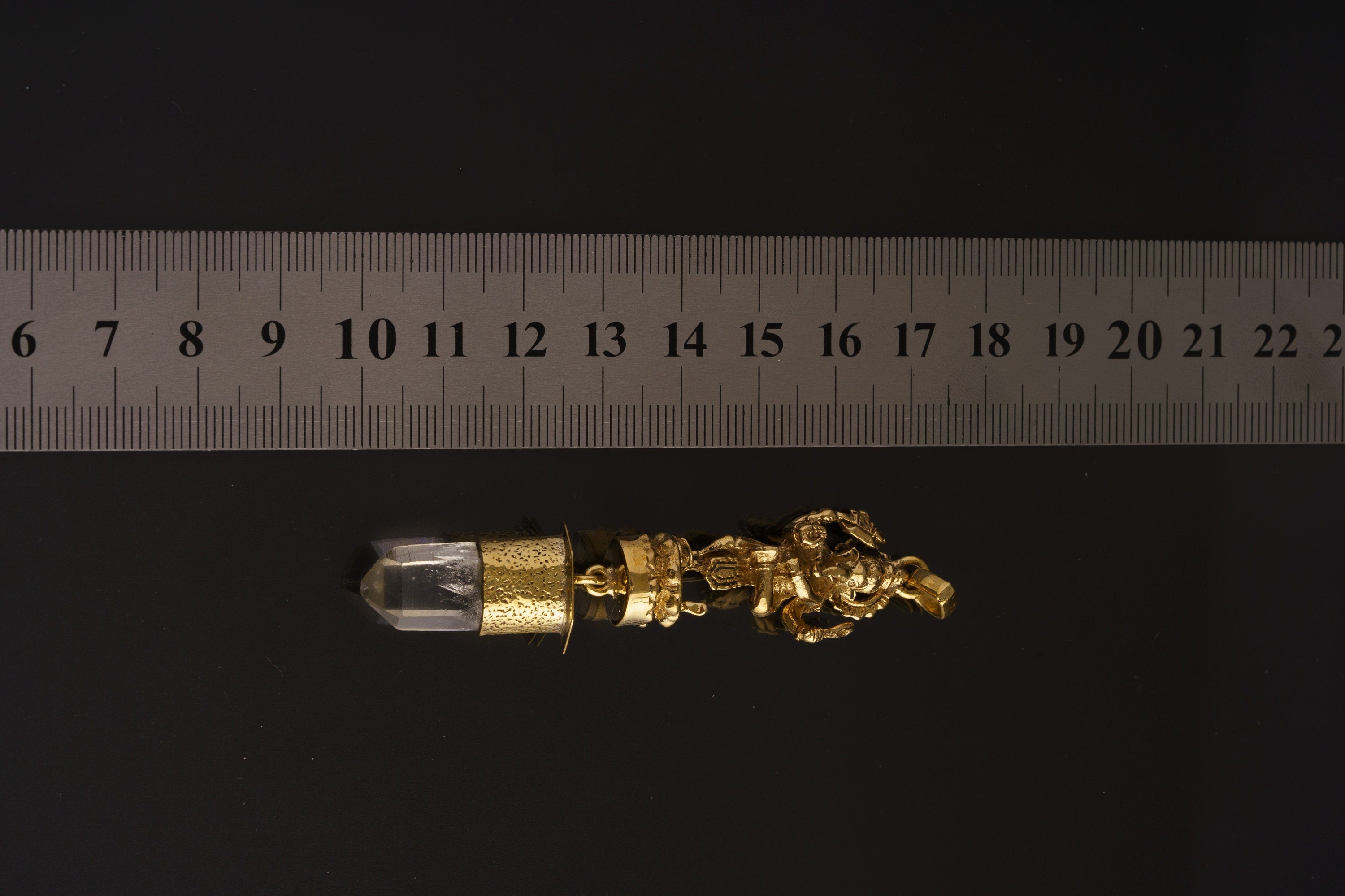 Himalayan Specialty Quartz - Shiny Golden Brass Set - Standing Lord Ganesha Cast Holding an Axe - Robust Dangling Talisman Pendant