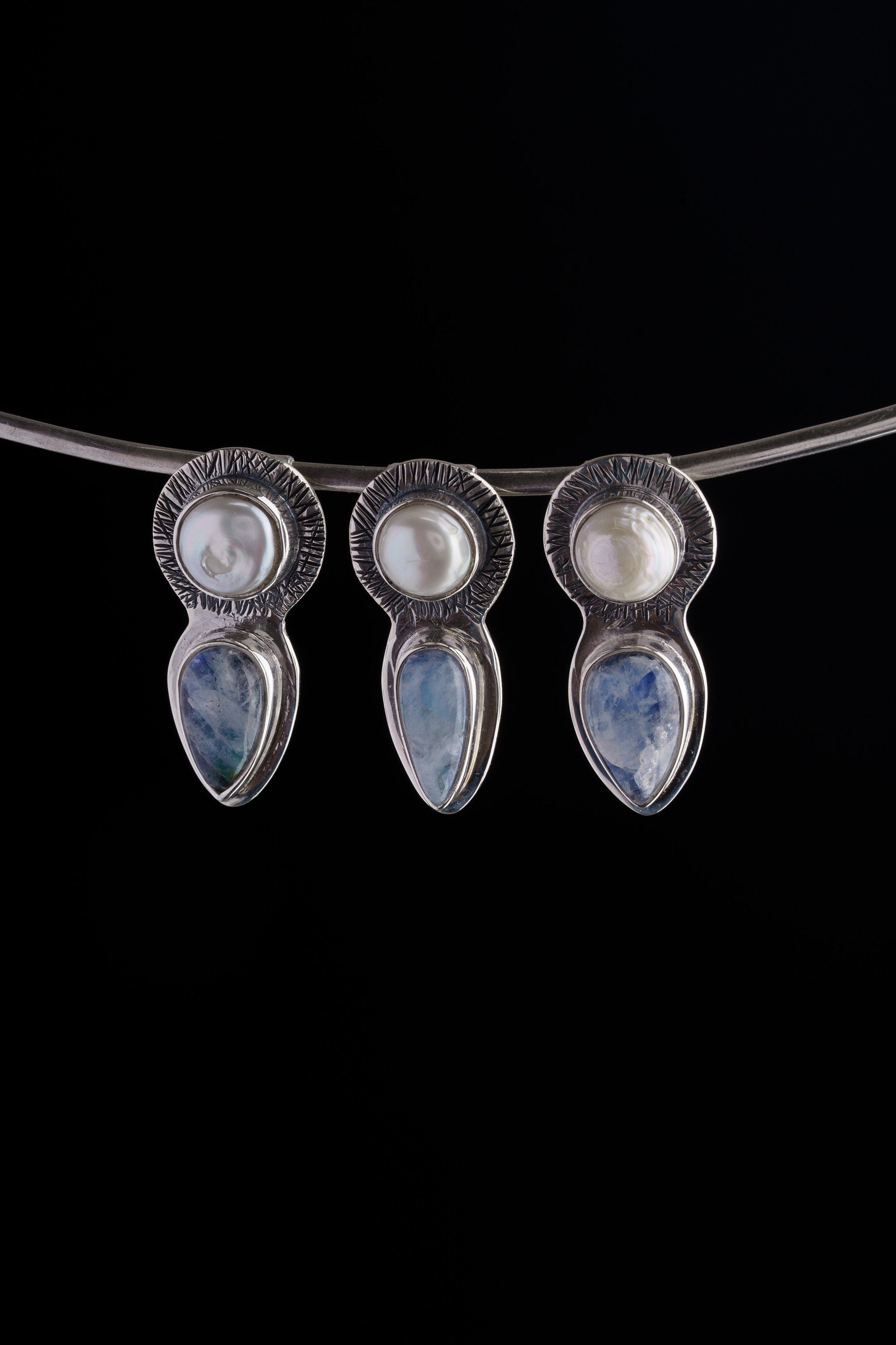 Blue Moonstone Pearl Venus pendants shown on choker as limited sterling silver goddess collection.