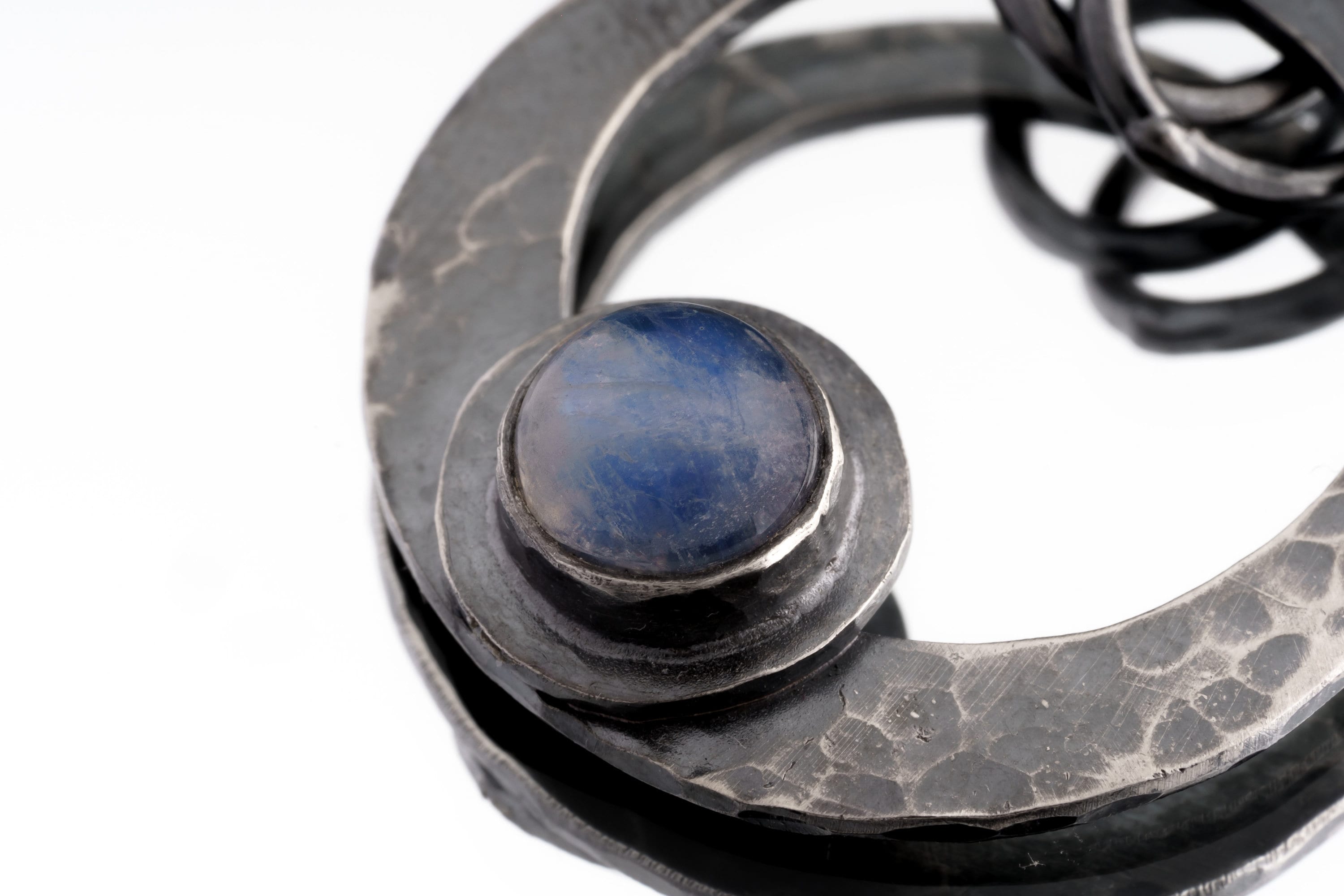 Hammered Oxidized Sterling Silver Moonstone Crescent Pendant: Cancer Zodiac