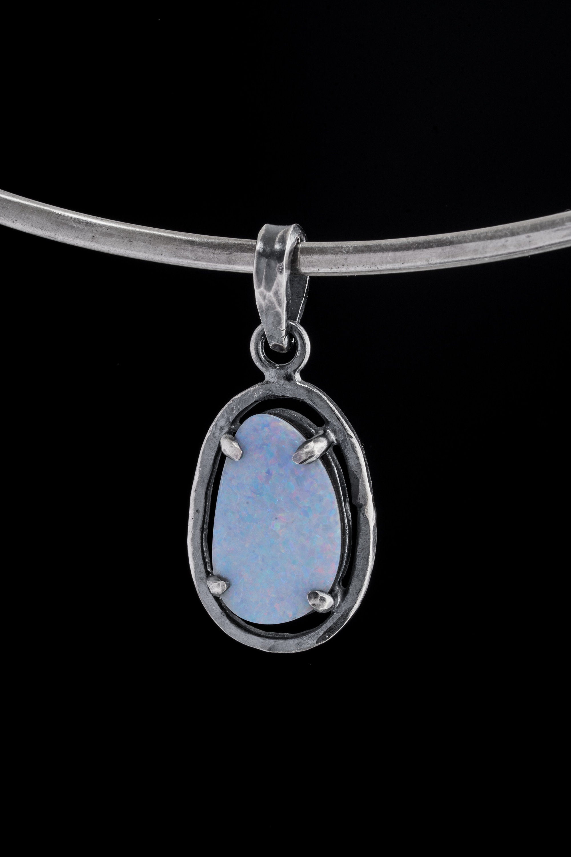 Oxidized Sterling Silver Opal Doublet Pendant: Hammered Texture