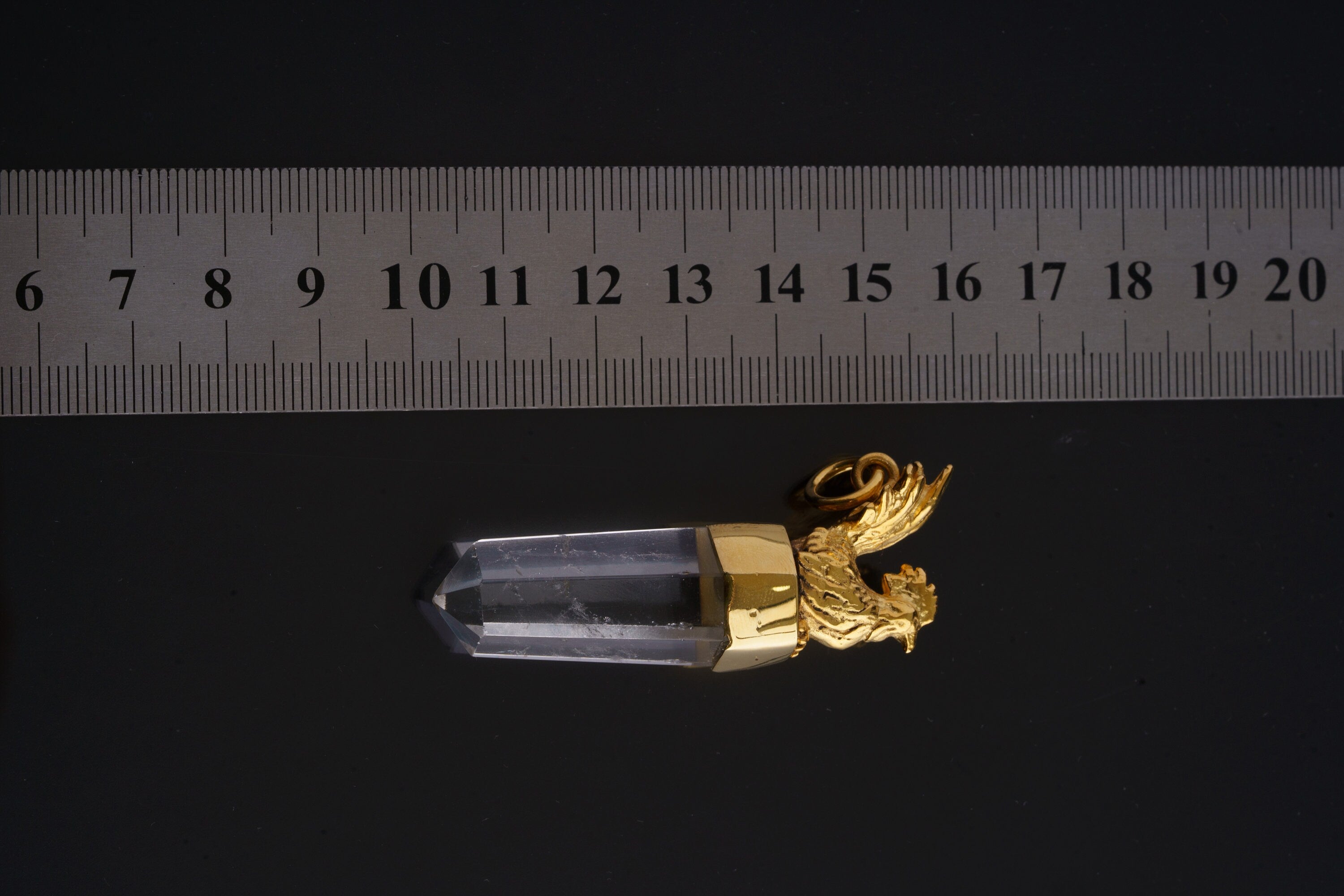 Gold Plated Silver Set Crystal Pendant, Cut Natural Generator Quartz Point, Brass Cast Rooster Talisman, Unique Spiritual Amulet Jewlery