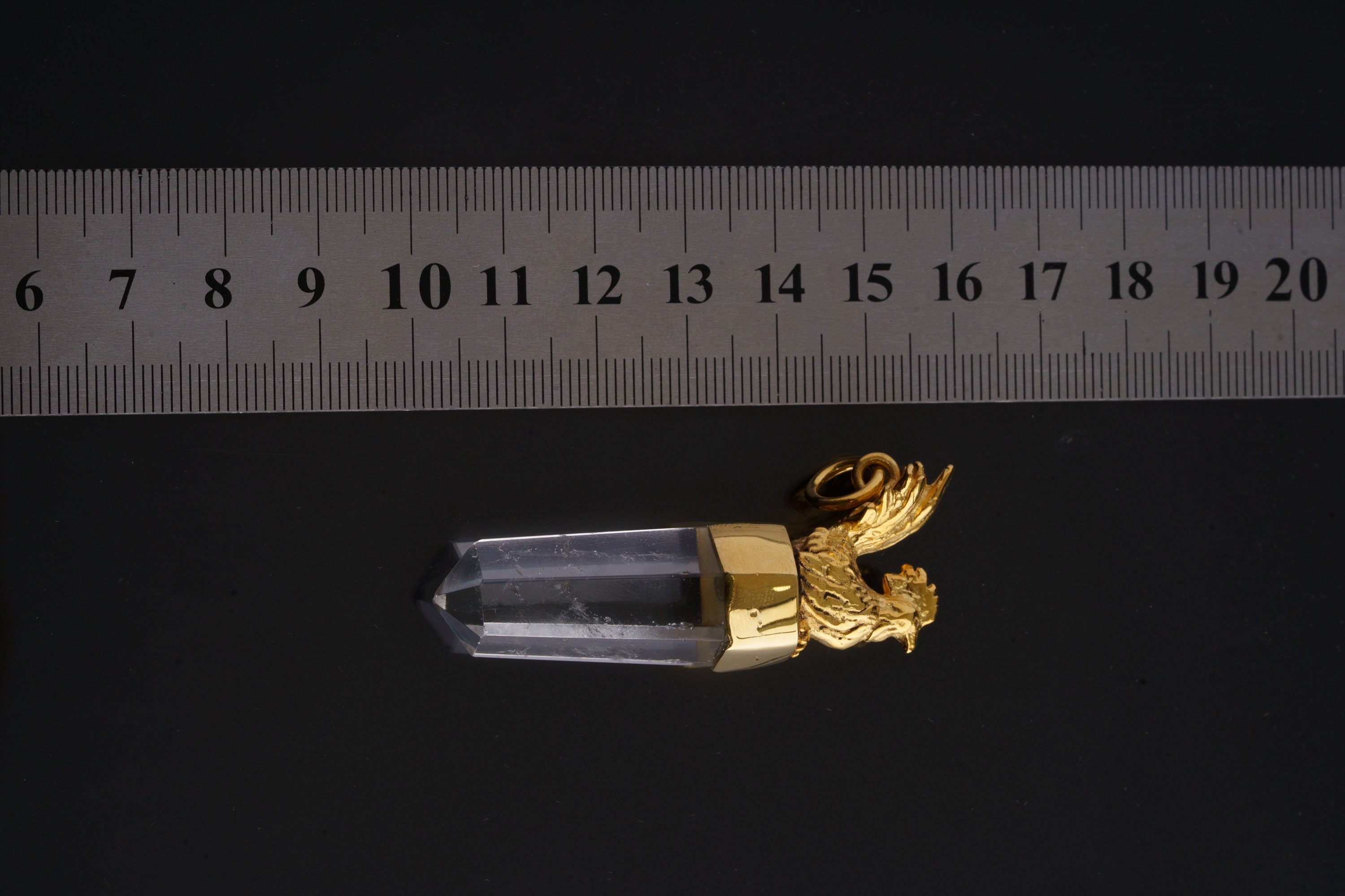 Gold Plated Silver Quartz Point Pendant: Brass Rooster Talisman Amulet