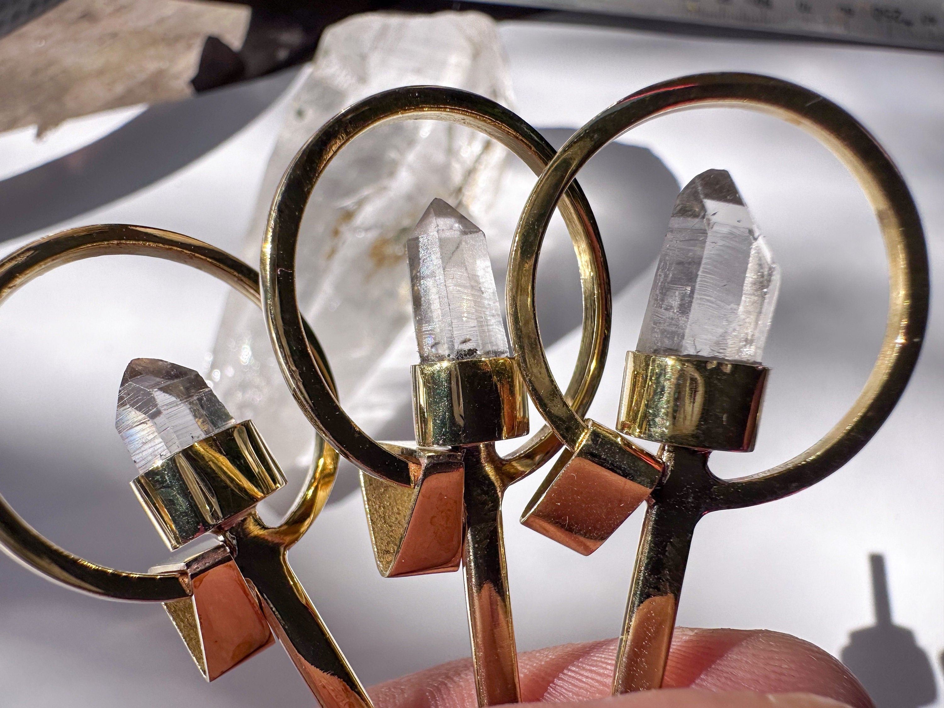 Lemurian Quartz Spoon Pendant Gold Plated Brass Cast Fairy Spoon Clear Quartz Crown Chakra April Birthstone Gift