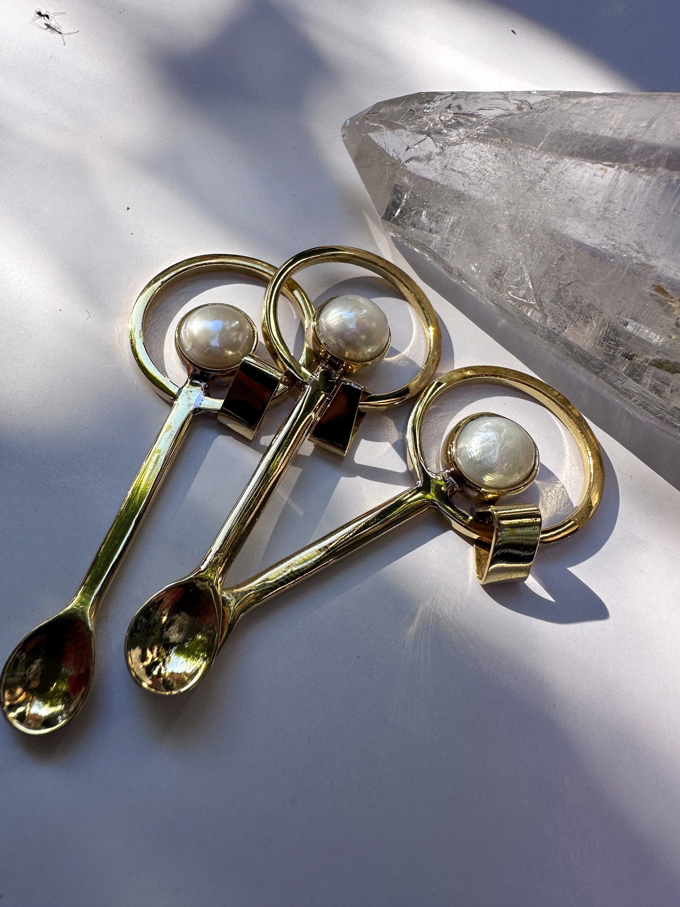 One iridescent South Sea Pearl - Gold plated Cast Brass Spice Spoon Pendant Necklace